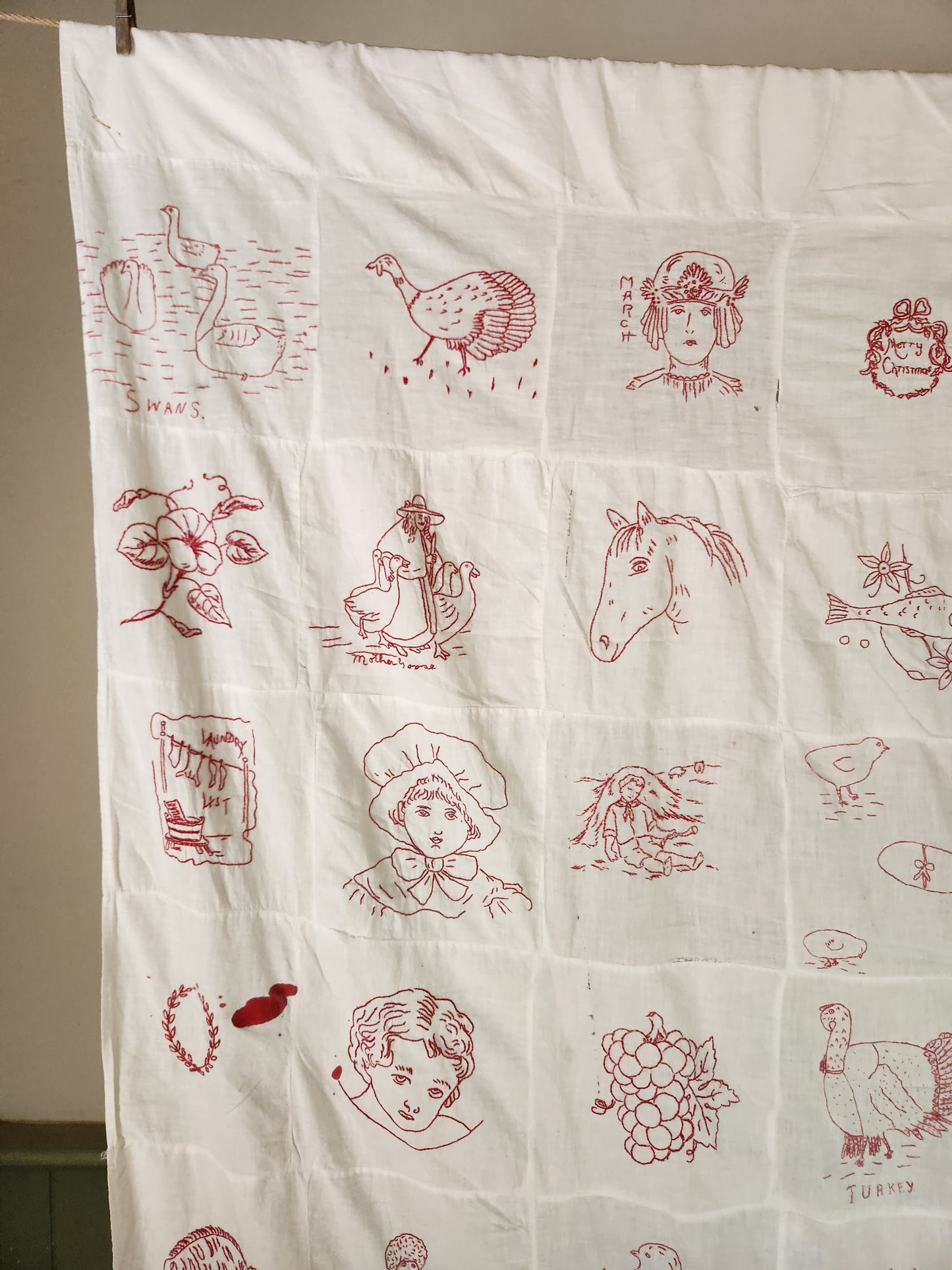 Child’s Redwork Quilt Top Coverlet 1917