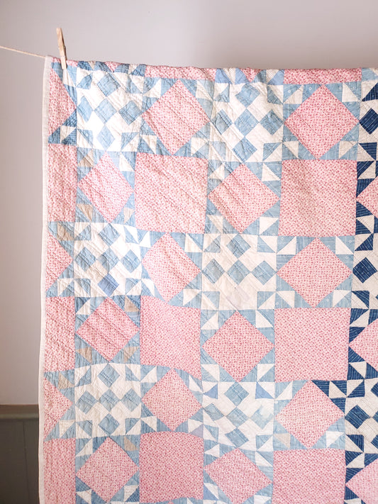 Antique Double Pink & Blues Quilt, ca 1900