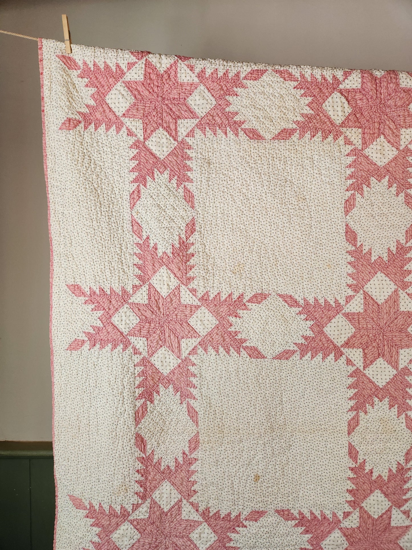 Antique Pink and White Feathered Star Quilt c1890