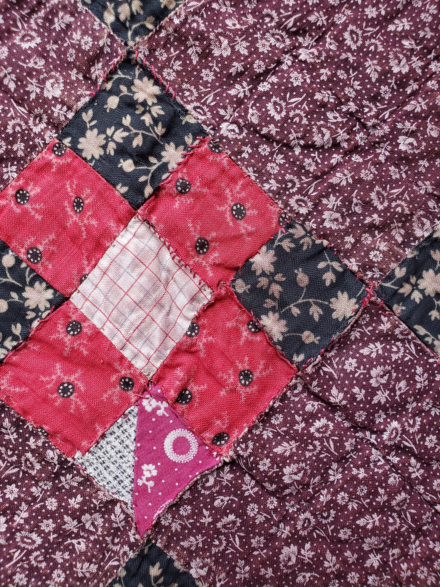 Antique Brown Calico 9 Patch Quilt, ca 1890