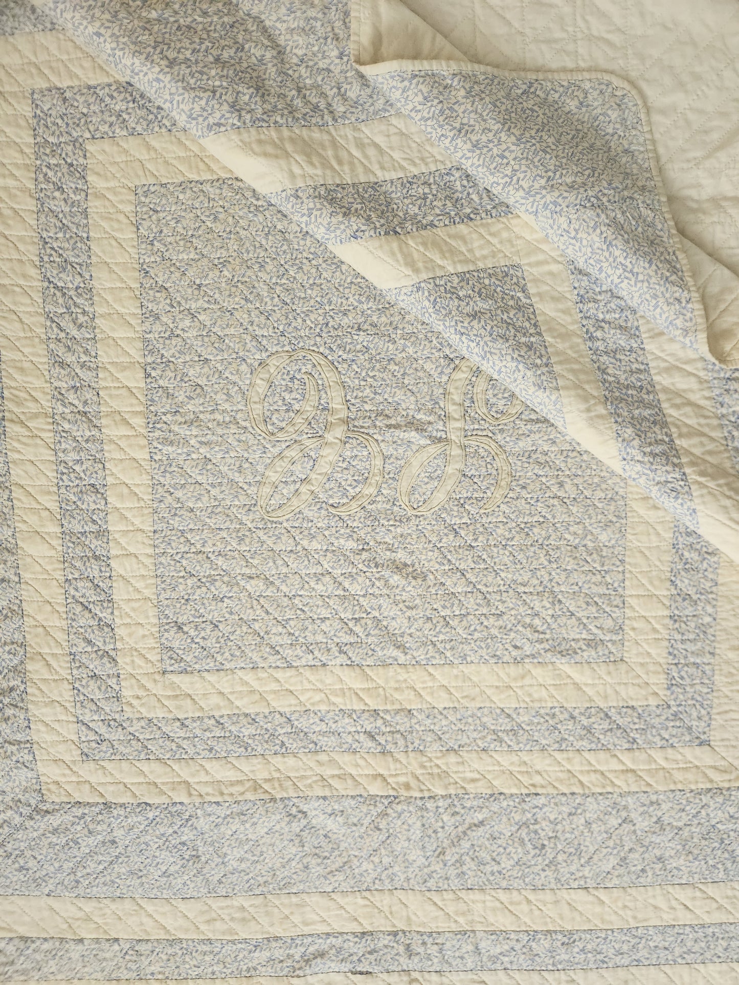 Blue and White Monogrammed Antique Quilt