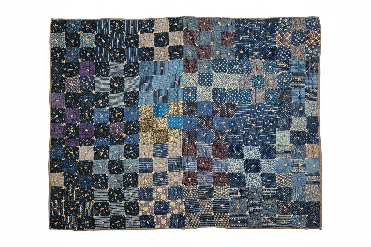 Antique Hand Tied Indigo Blue Patchwork Comforter Quilt