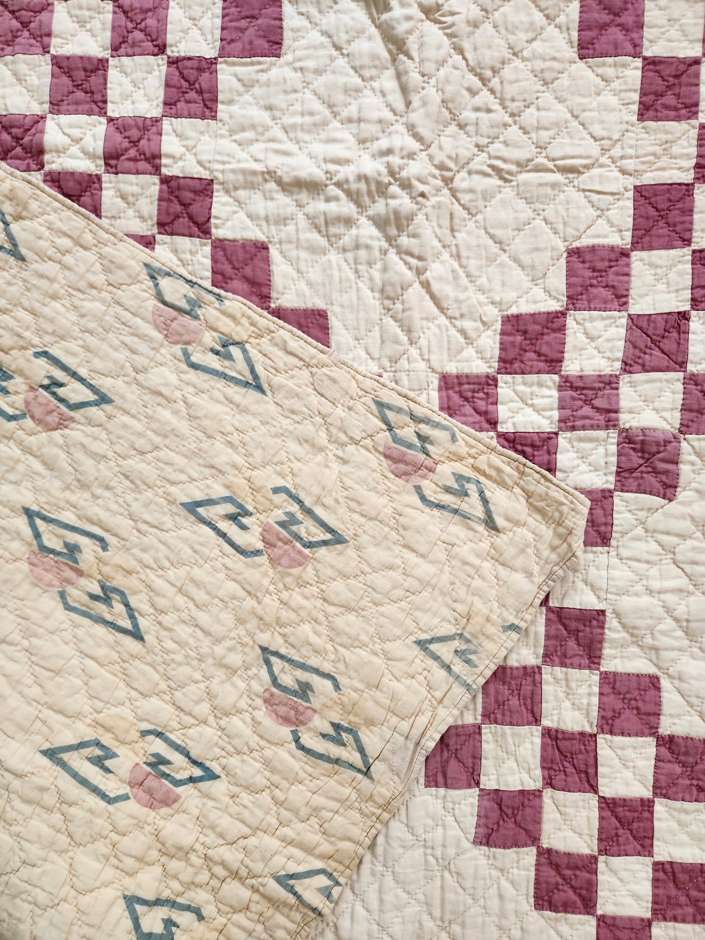 Cream & Burgundy Double Irish Chain Vintage Quilt