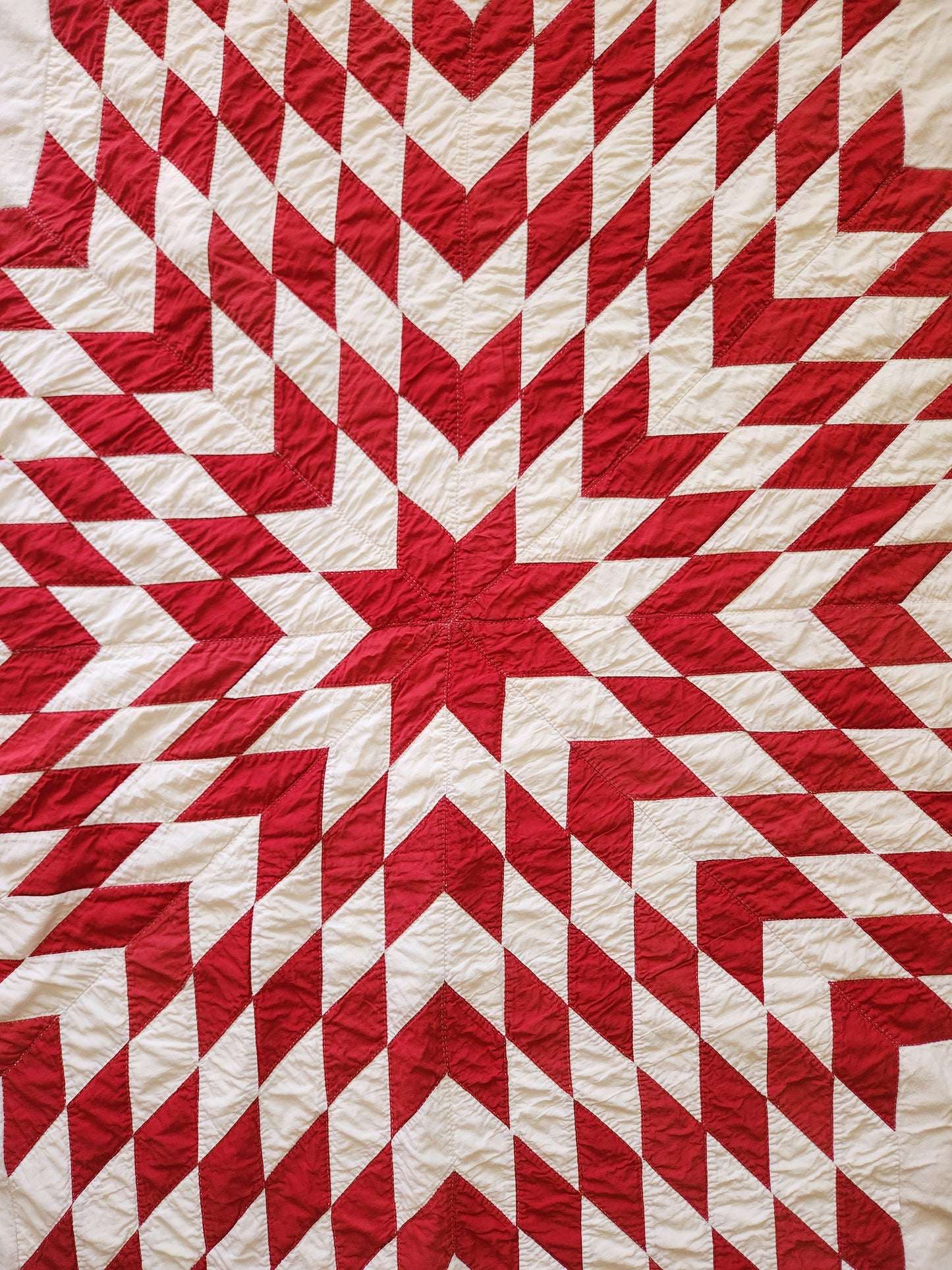 Antique Red and White Lone Star Quilted Coverlet c1900