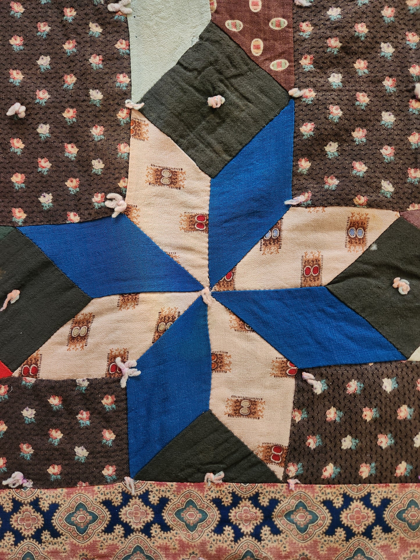 Antique 19th Century Woolen Crib Quilt Hand Tied Touching Stars