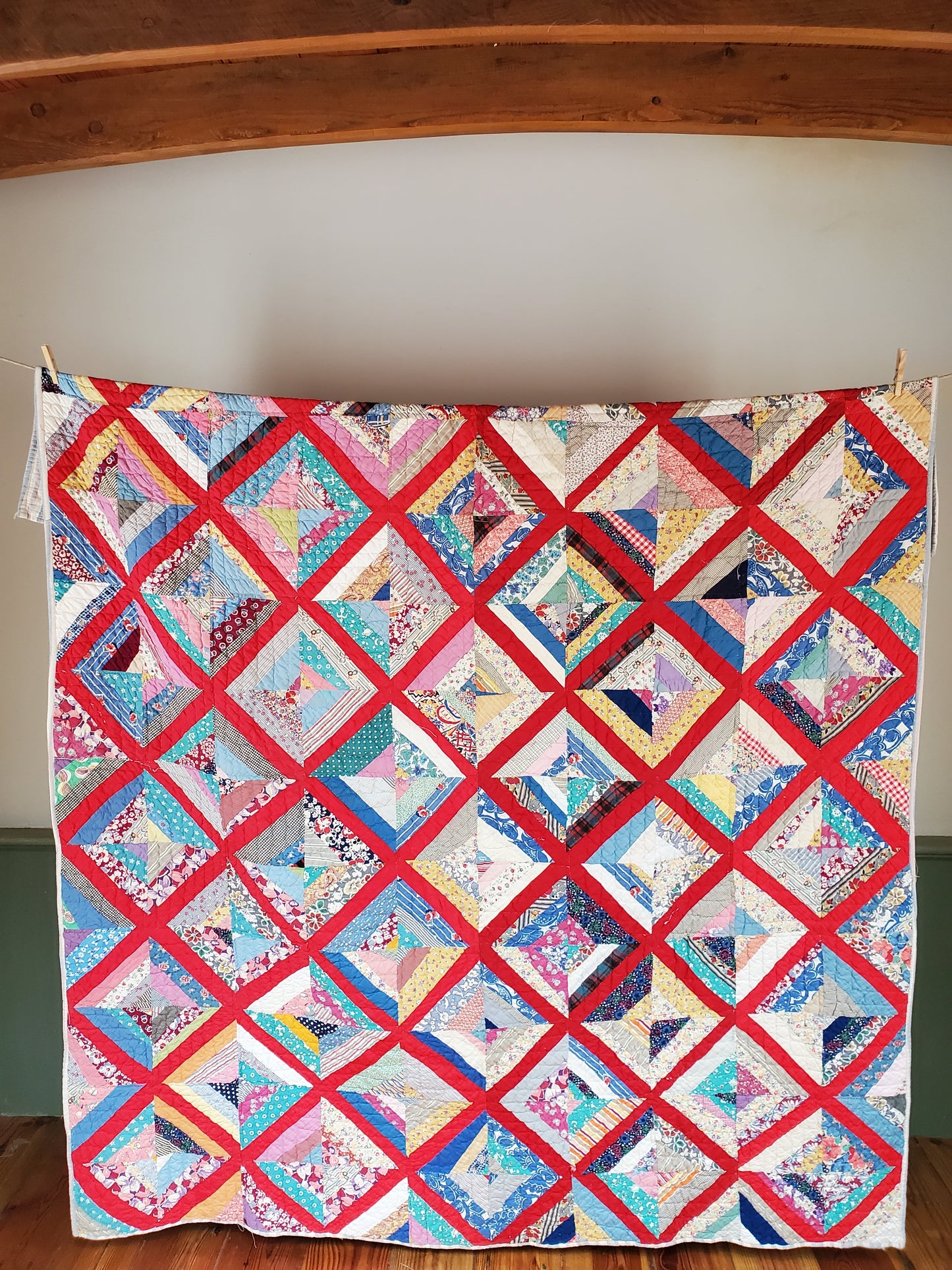 Vintage String Quilt with Feed Sack Cloth, ca 1950