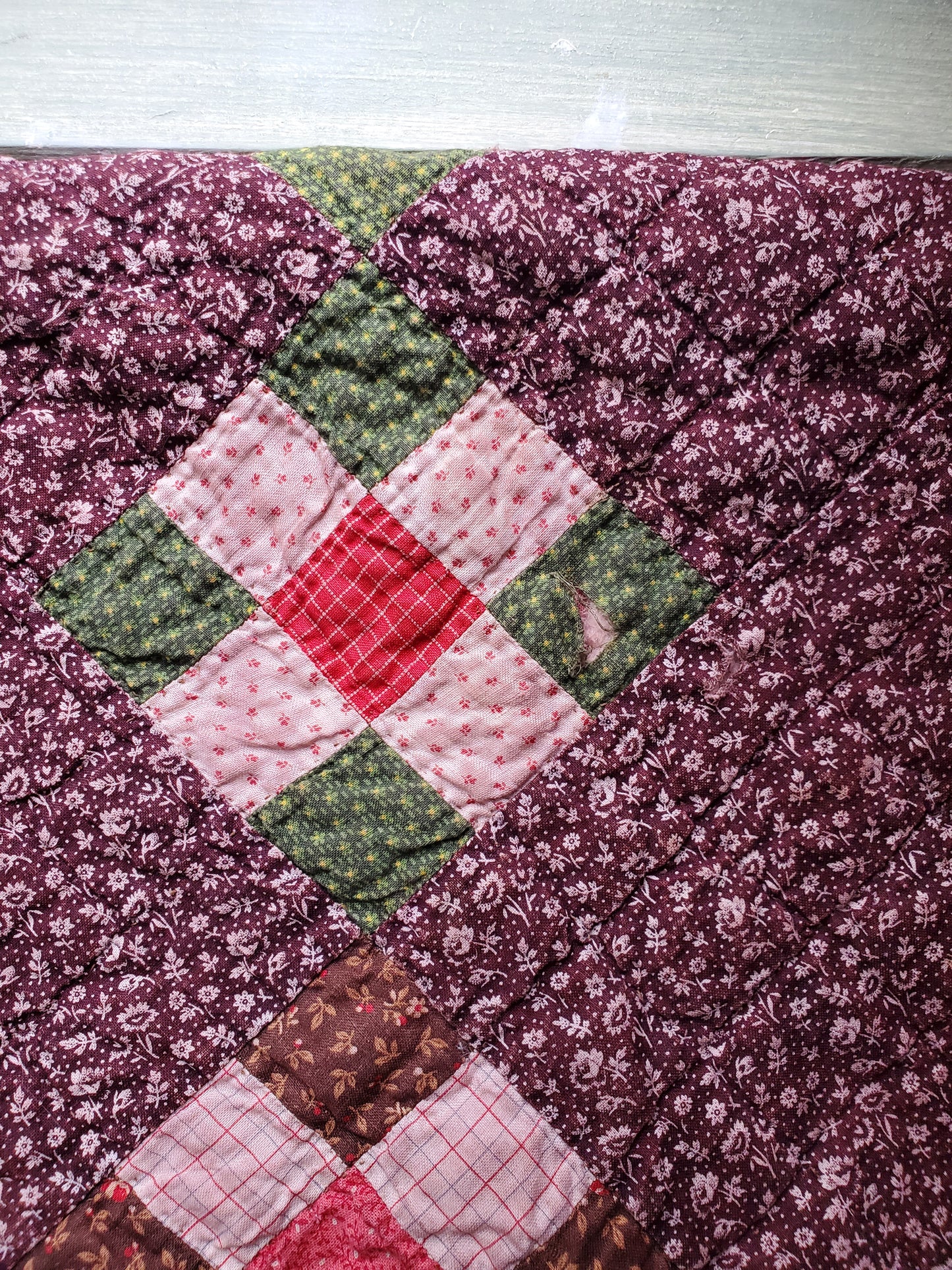 Antique Brown Calico 9 Patch Quilt, ca 1890