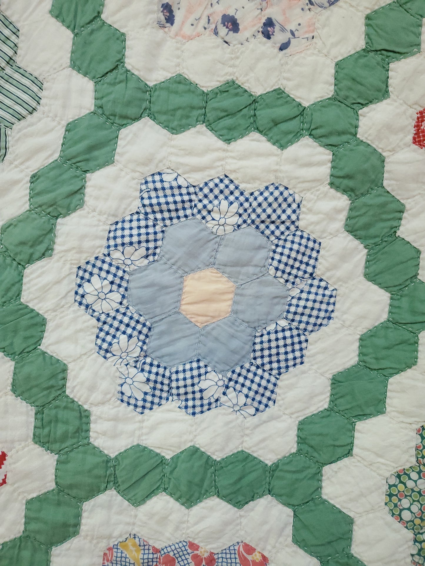 Green Garden Path Feed Sack Quilt, ca 1930