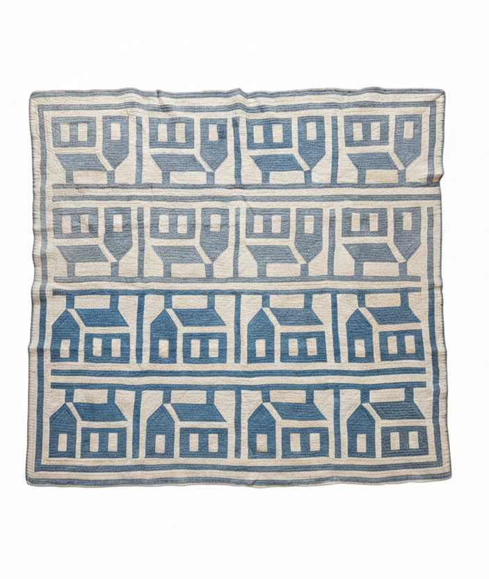 Antique Blue & White QAYG Schoolhouse Quilt c1900