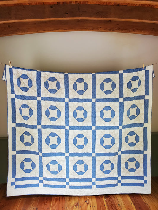 Vintage Blue and White Friendship Knot Quilt, ca 1950