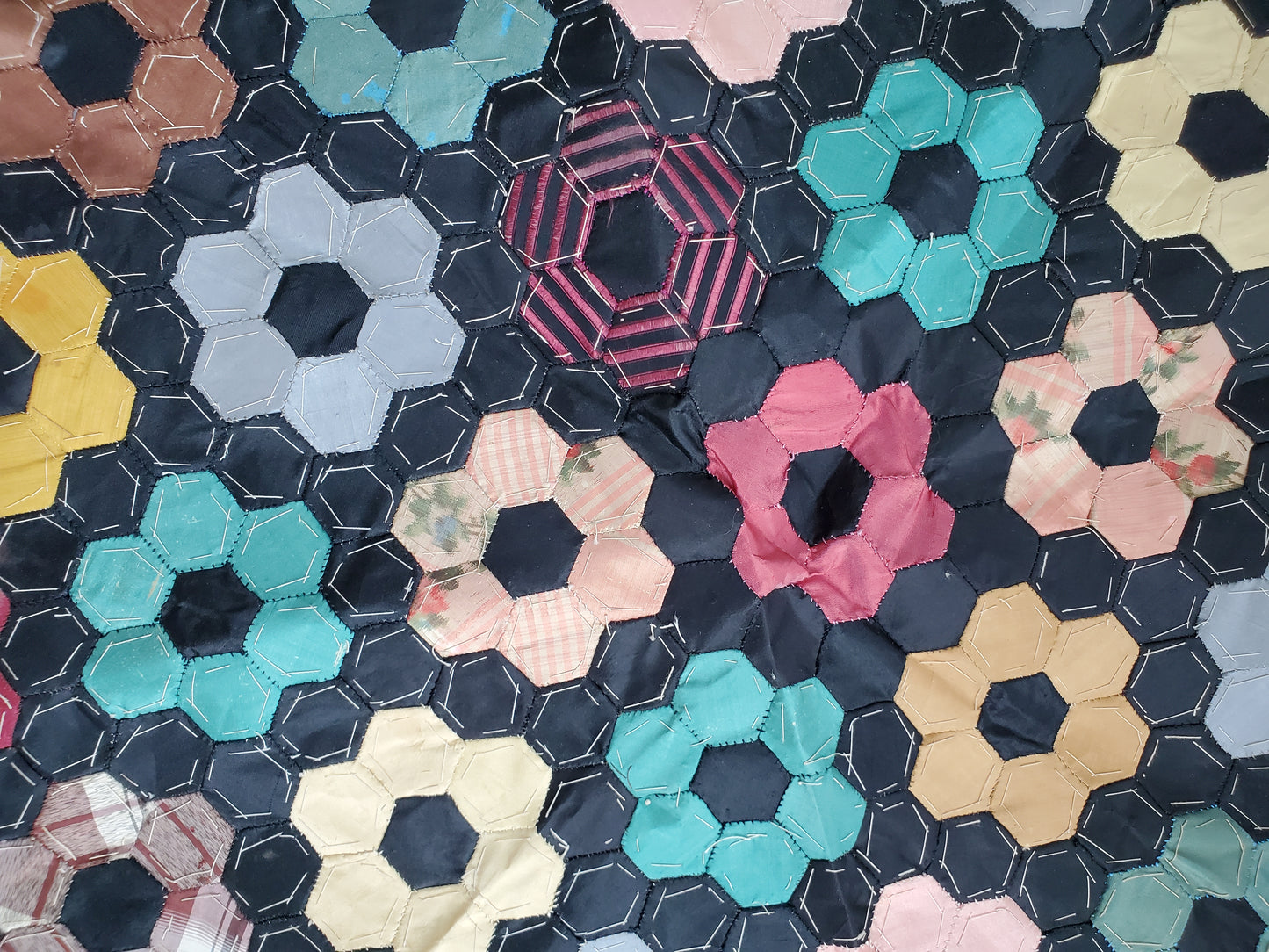 Small Section of Paper-pieced Silk Hexagon Flower Quilt with Antique Letters