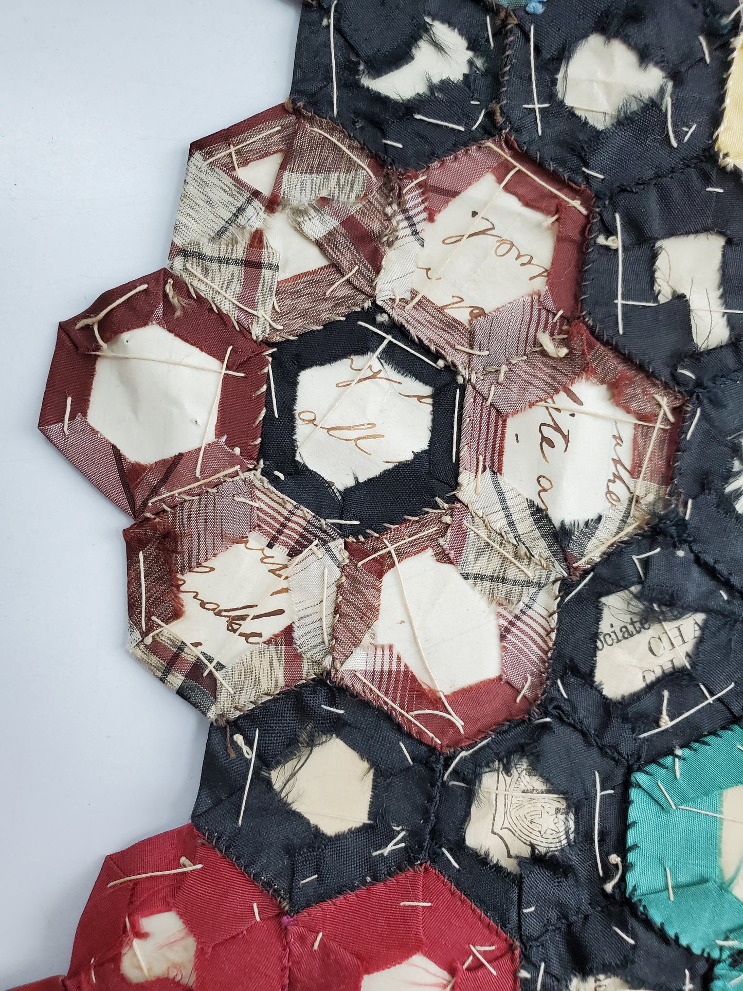 Small Section of Paper-pieced Silk Hexagon Flower Quilt with Antique Letters