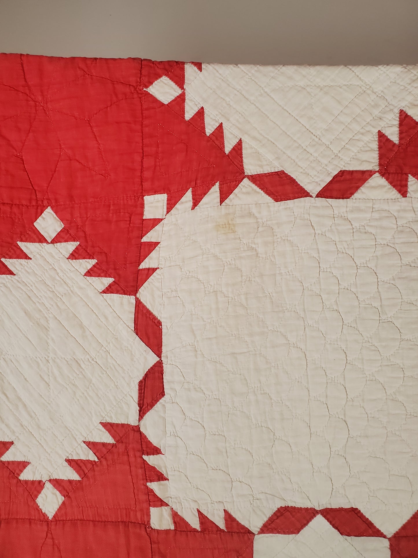 Turkey Red & White Feathered Star Antique Quilt, ca 1900