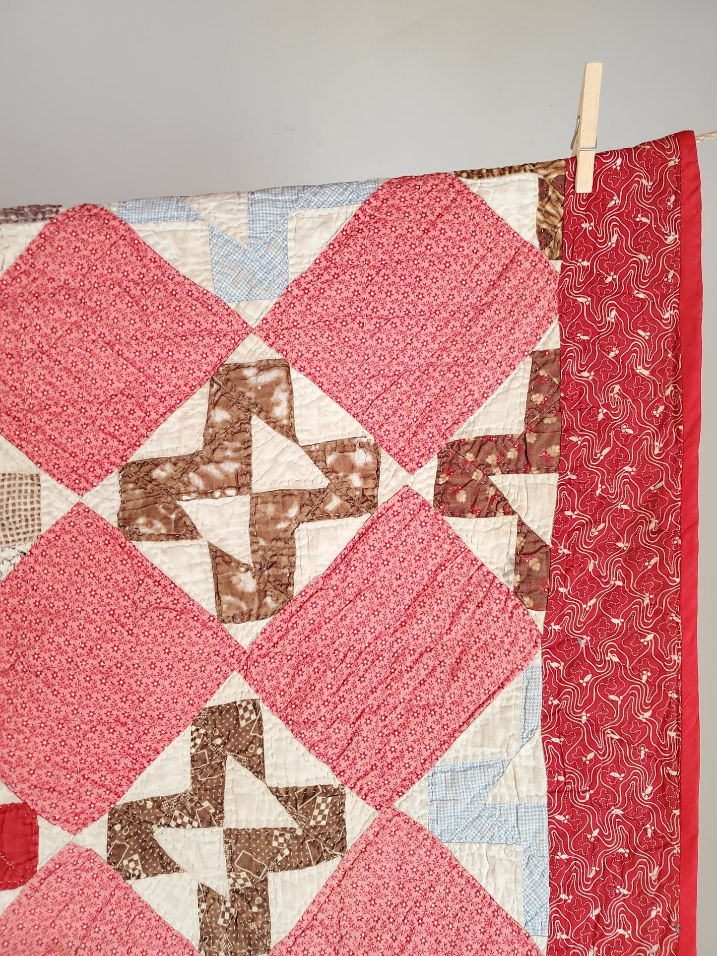 Bar-Backed Double Pink & Indigo Antique Quilt, ca 1900