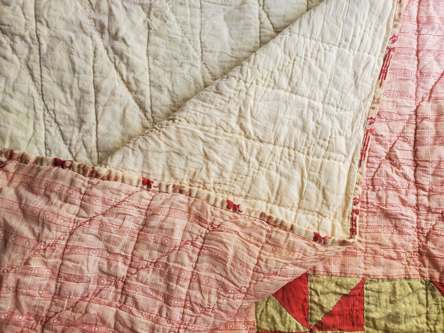 Hand Pieced Green, Pink, & Red Pinwheel Antique Quilt, 19th century