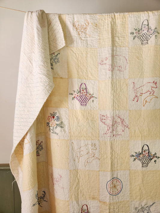 Early 20th Century Embroidered Quilt with Flora & Fauna Motifs