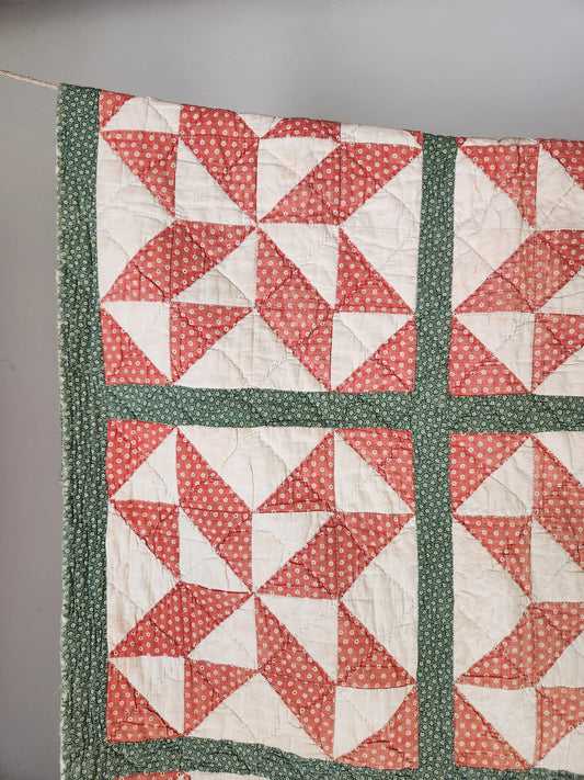 Antique Patchwork Quilt in Green & Red