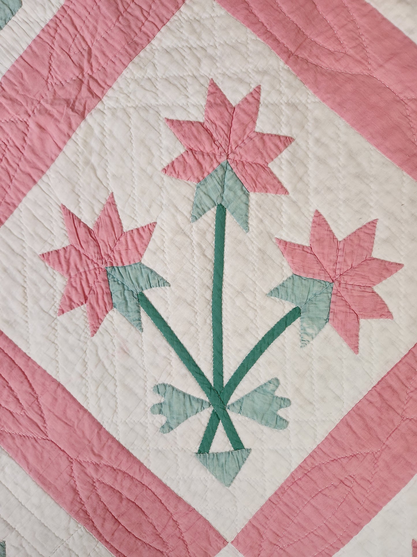 Pink and Green Lily Applique Quilt c1930