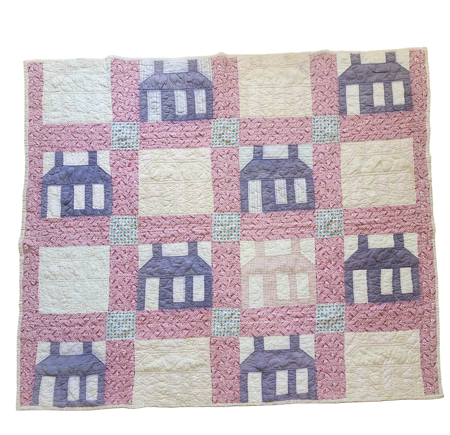 1930’s Feed Sack Log Cabin/School House Quilt