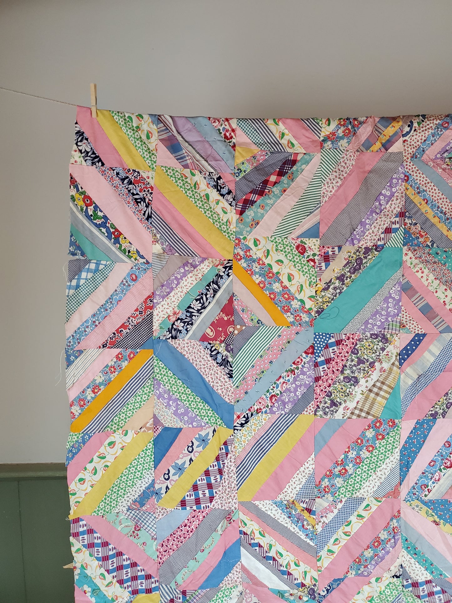 Vintage Paper Pieced Srappy String Quilt Top, ca 1950