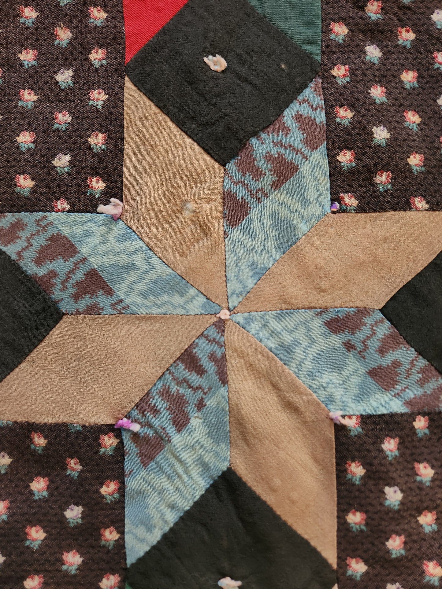Antique 19th Century Woolen Crib Quilt Hand Tied Touching Stars
