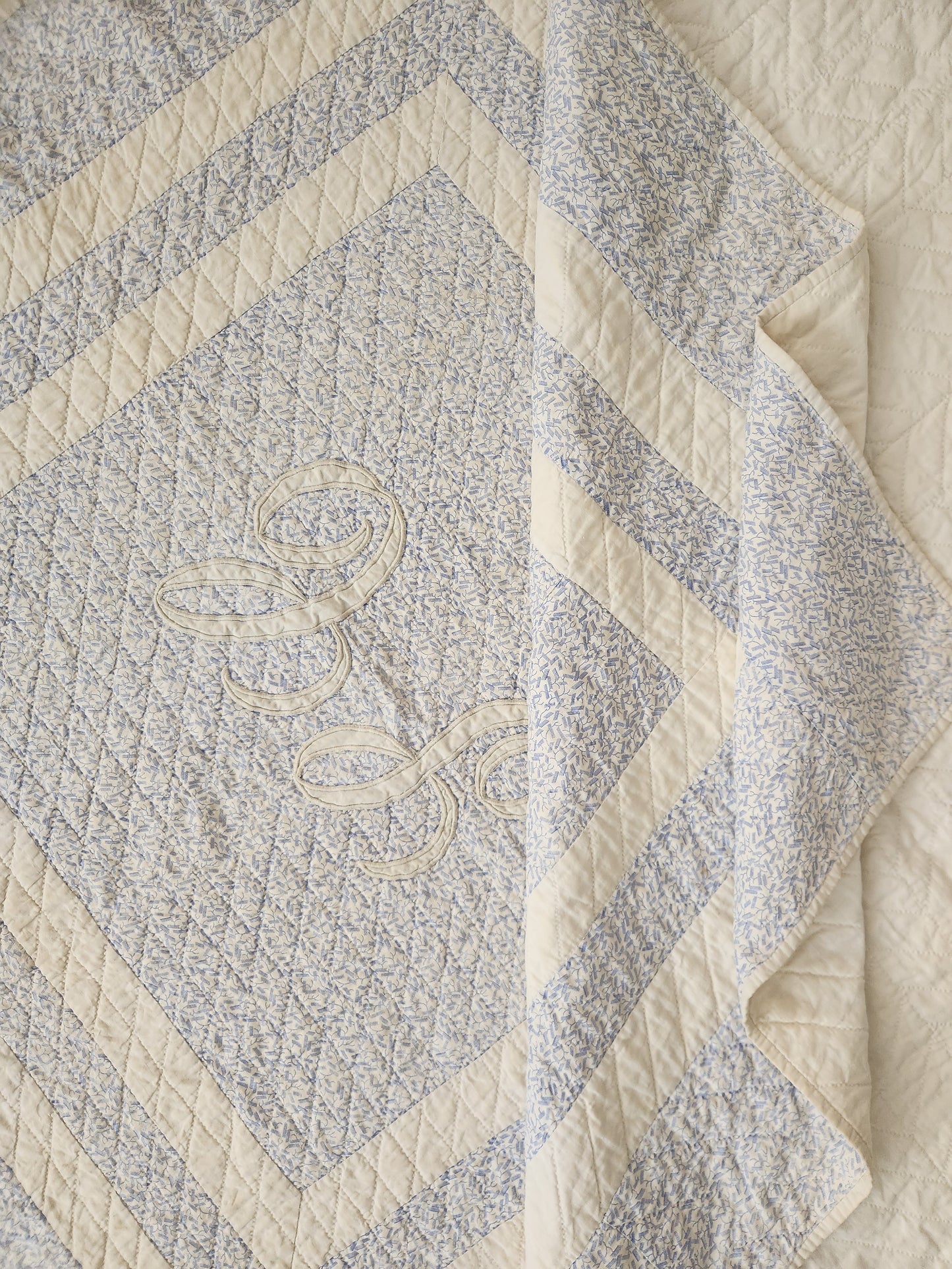Blue and White Monogrammed Antique Quilt