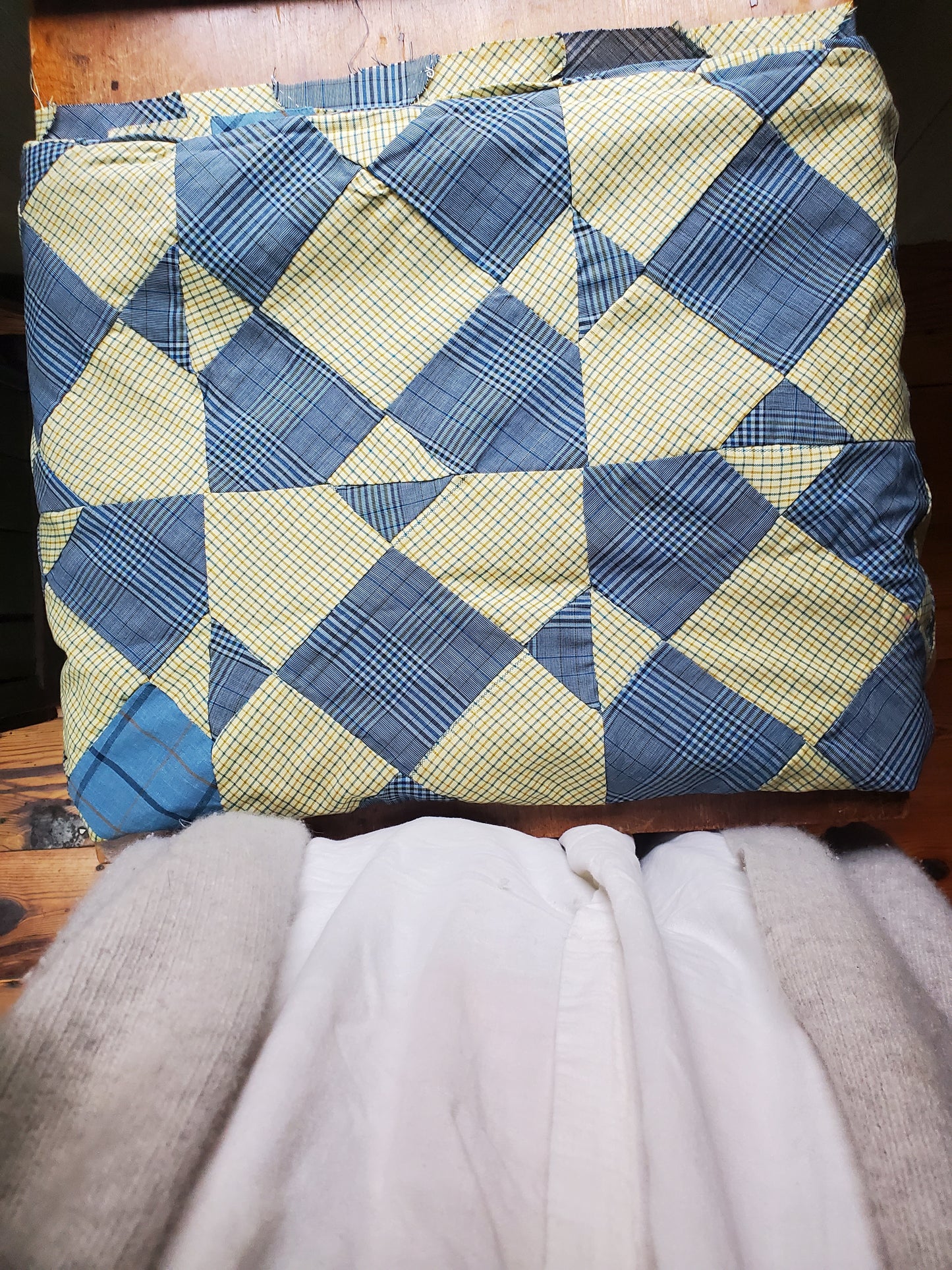 Vintage Blue & Lime Shirting Quilt Top