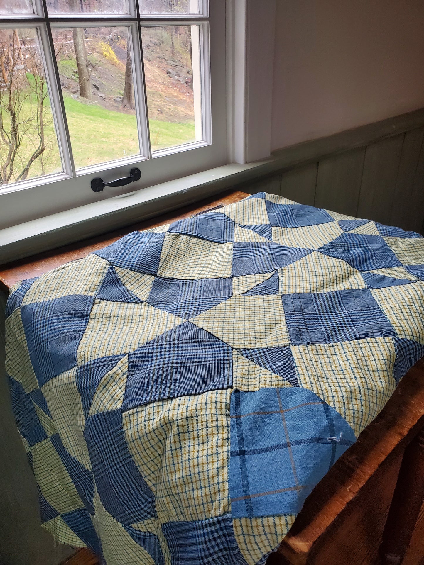 Vintage Blue & Lime Shirting Quilt Top