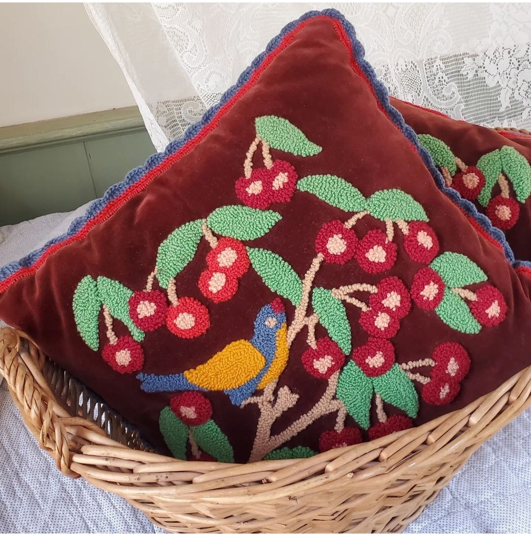 "Bird in a Cherry Tree" Vintage Hand Hooked Velvet Pillows, Set of 2