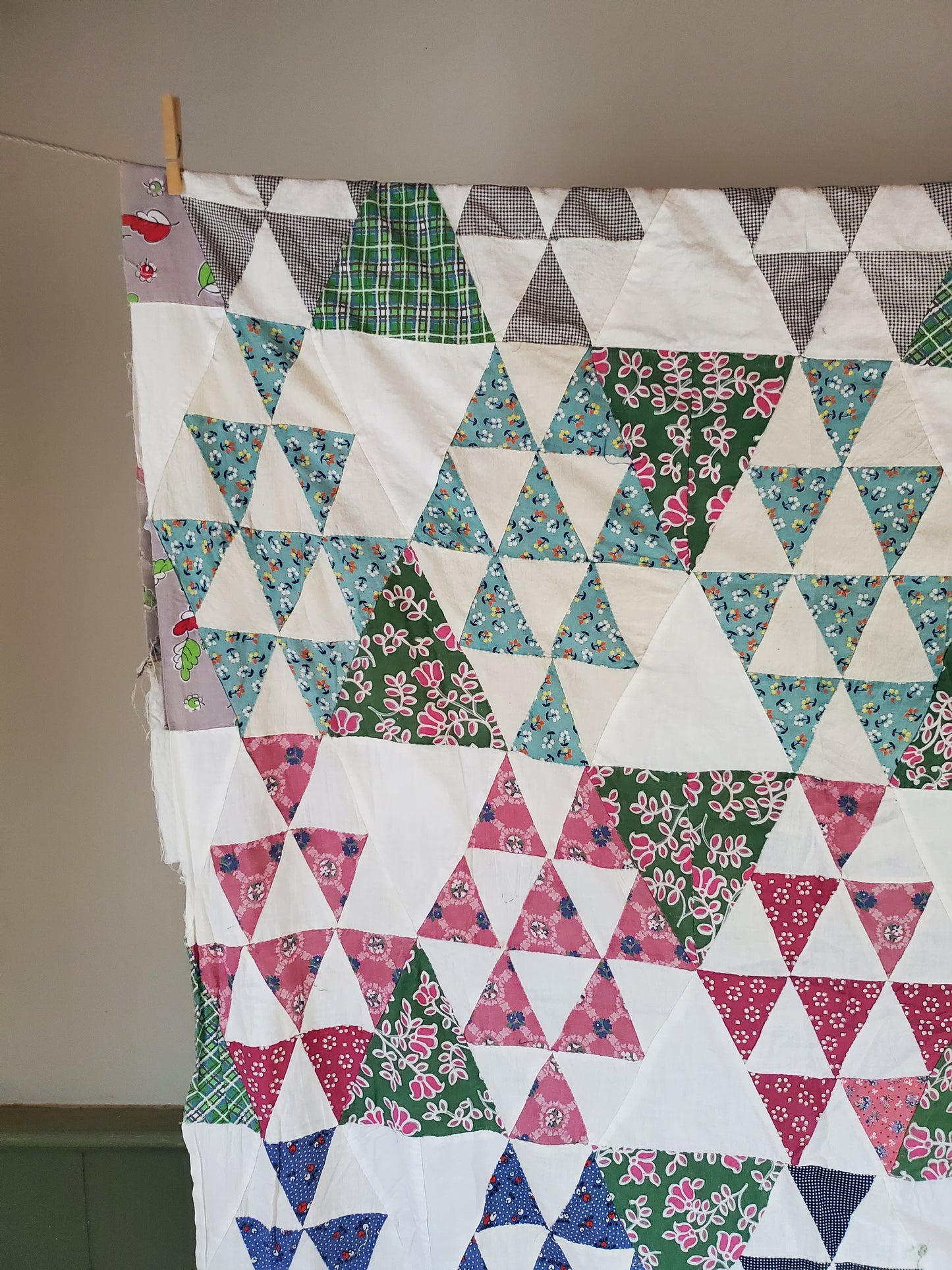 Vintage Half Triangle Feed Sack Quilt Top, ca 1950