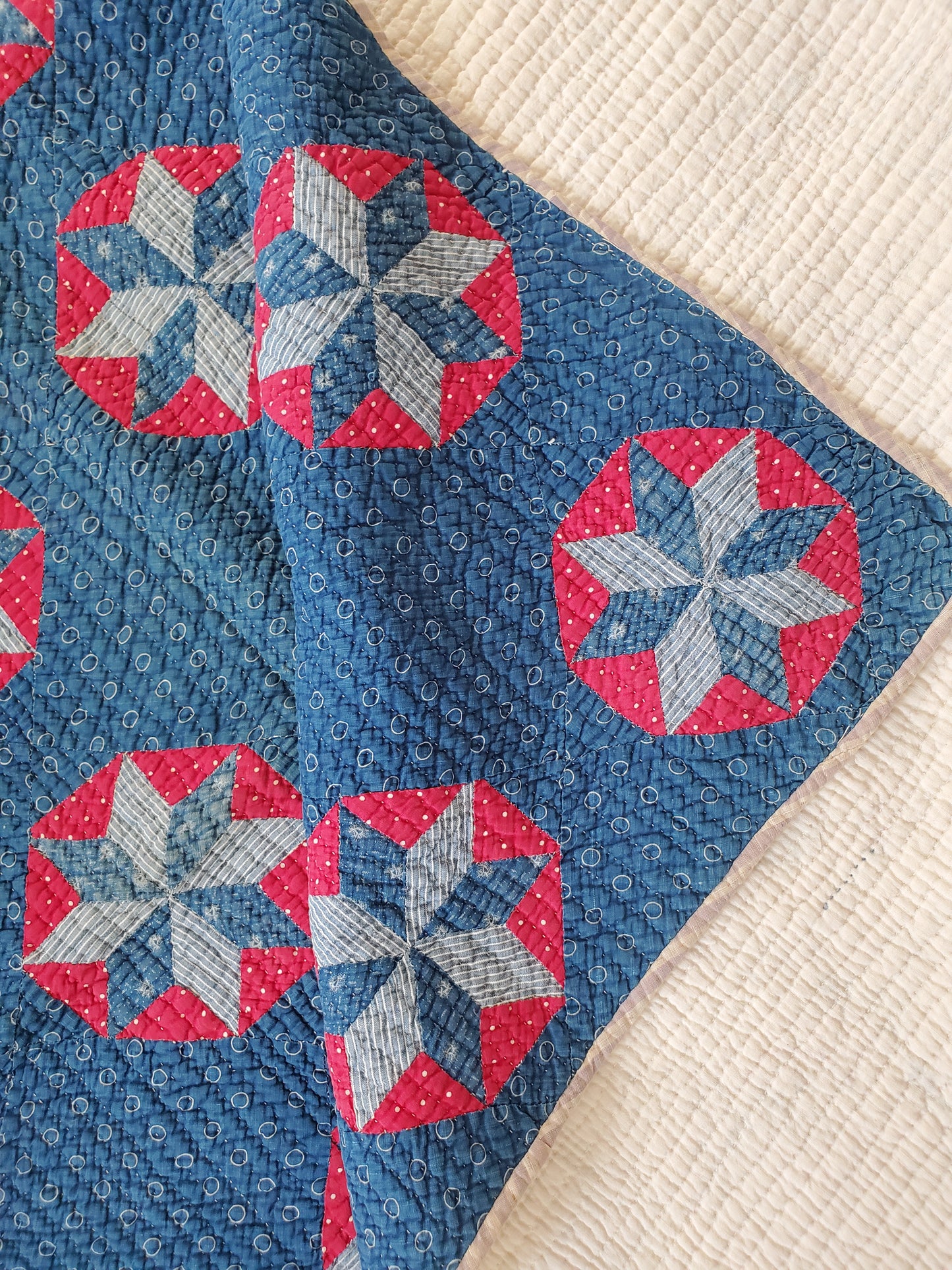 Stunning Red White & Blue Antique Star Quilt, ca 1900