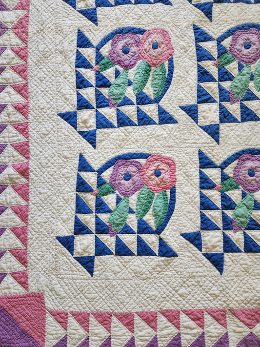 Rose Basket Quilt with Flying Geese Border c1940
