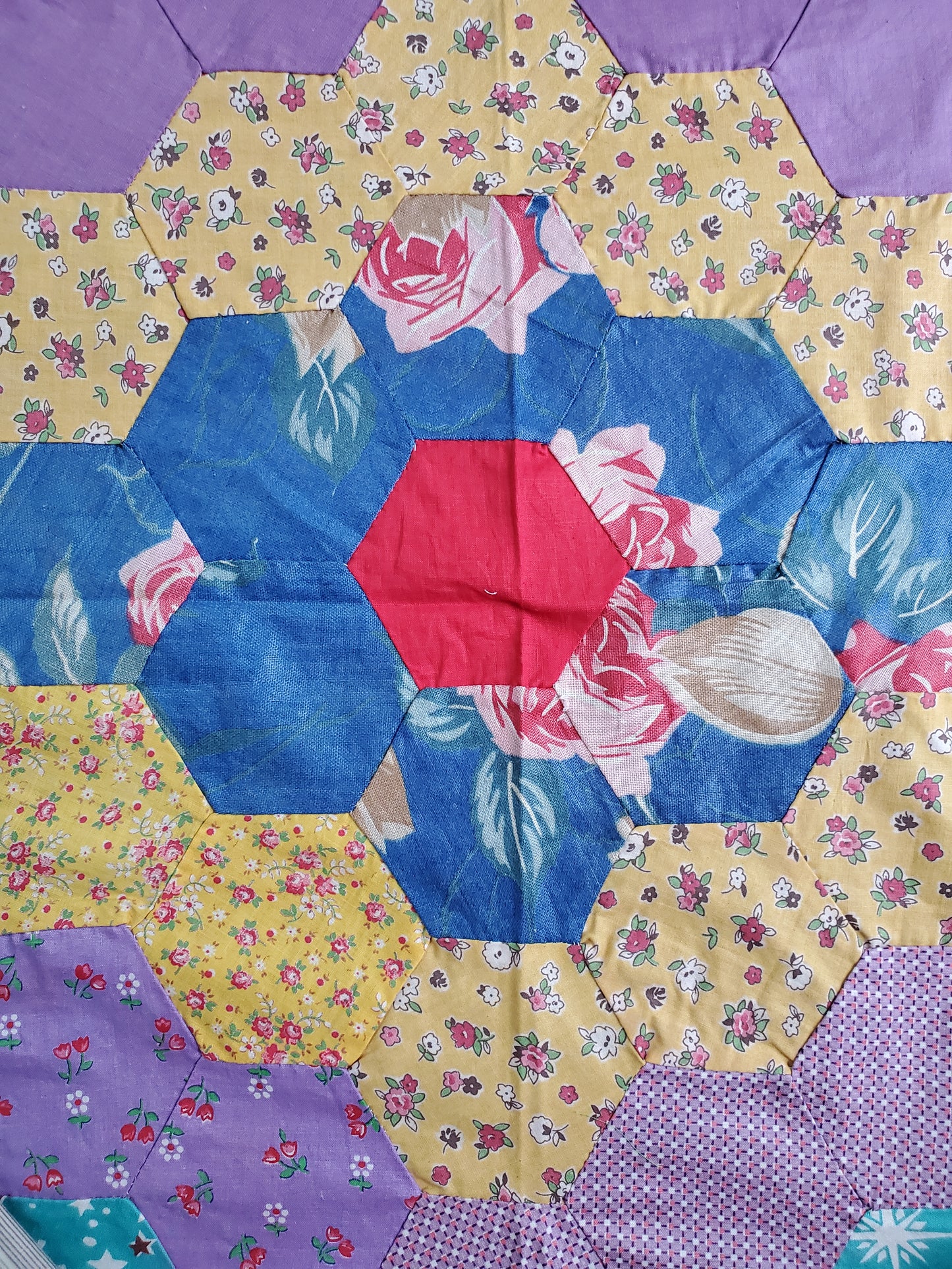 Vintage Diamond Hexagon Flower Quilt Top, ca 1930