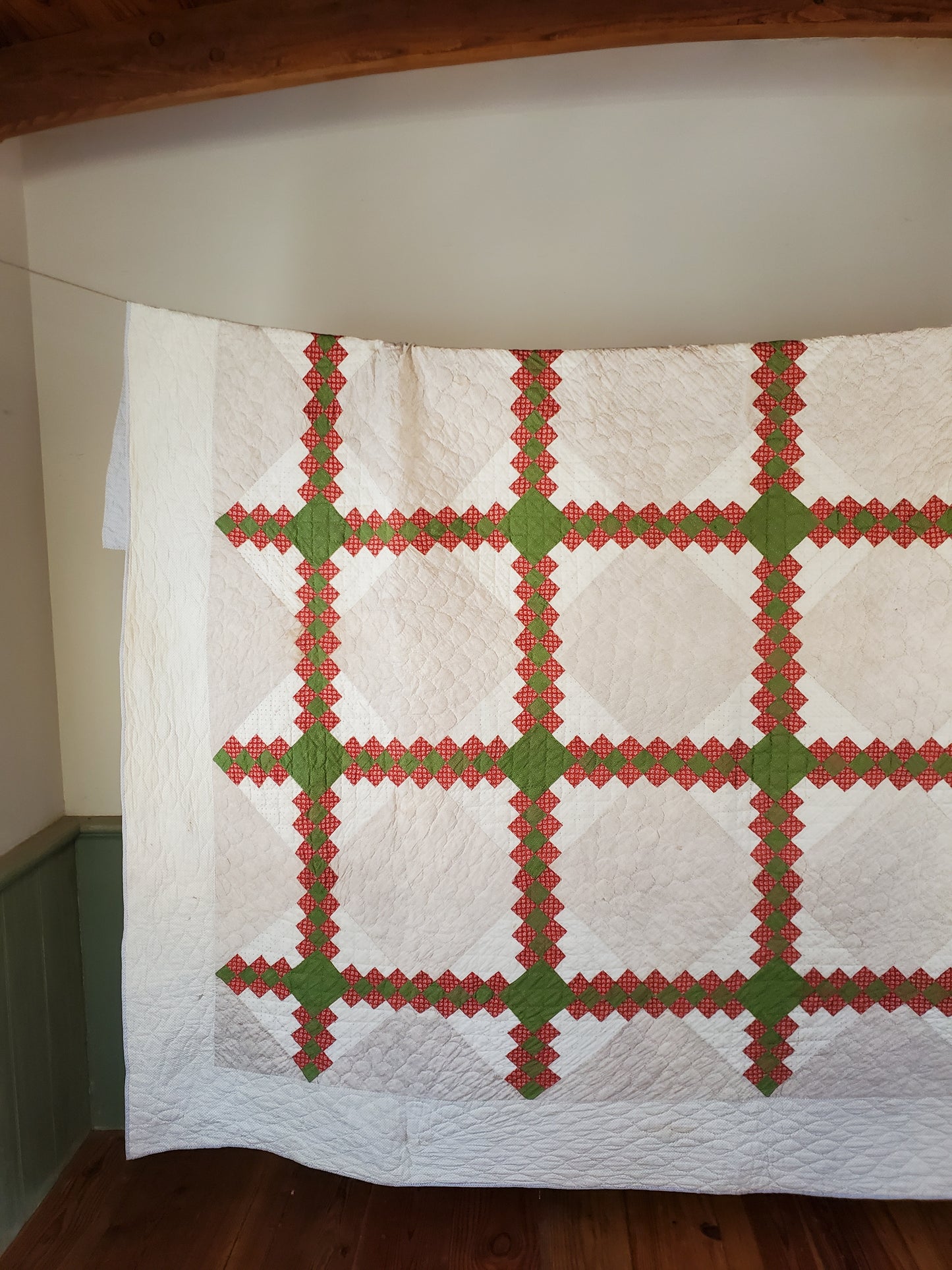 19th Century Red & Green Irish Chain Hand Pieced and Hand Quilted Antique Quilt