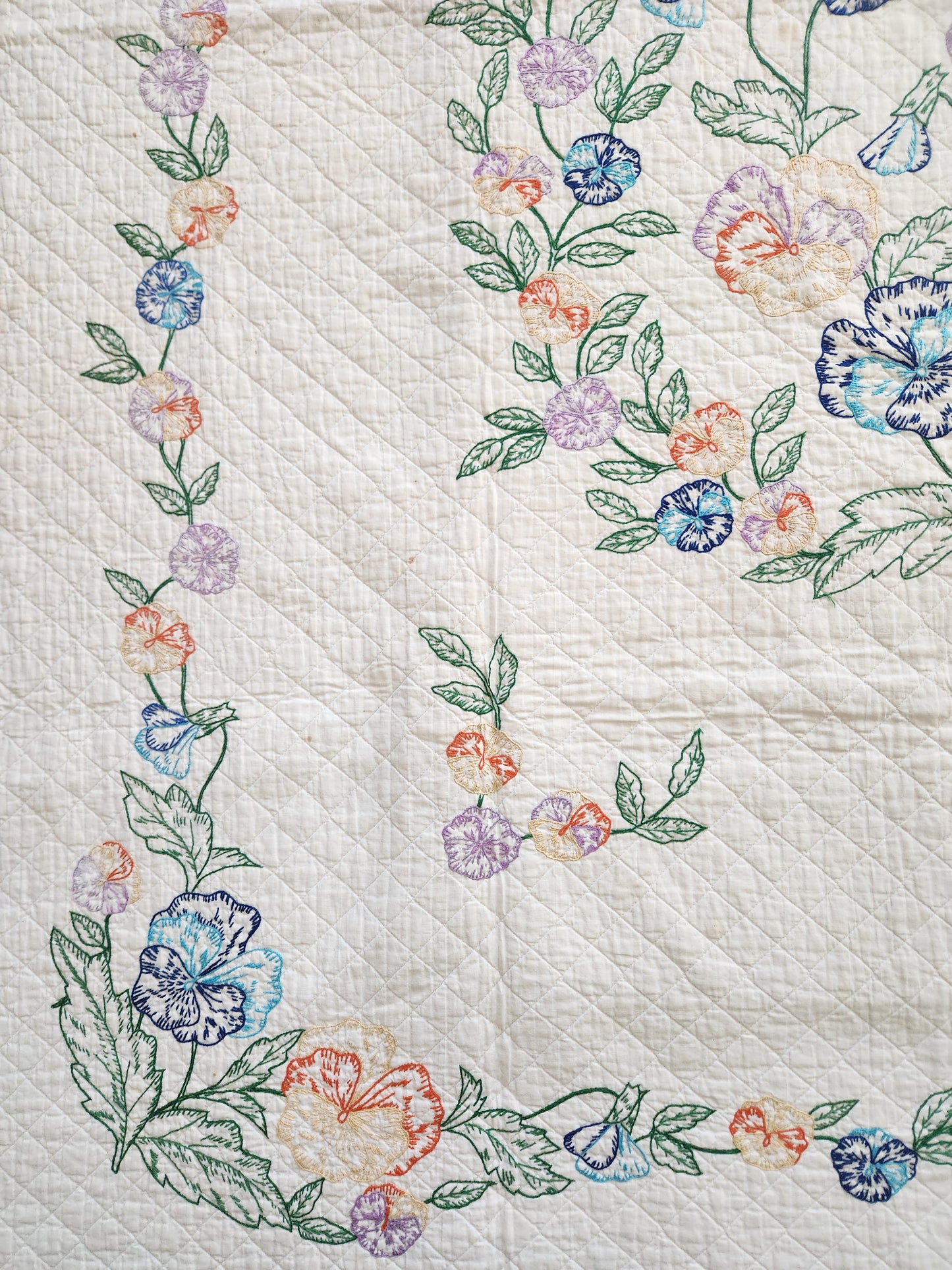 Vintage Pansy Embroidered Quilt c1940