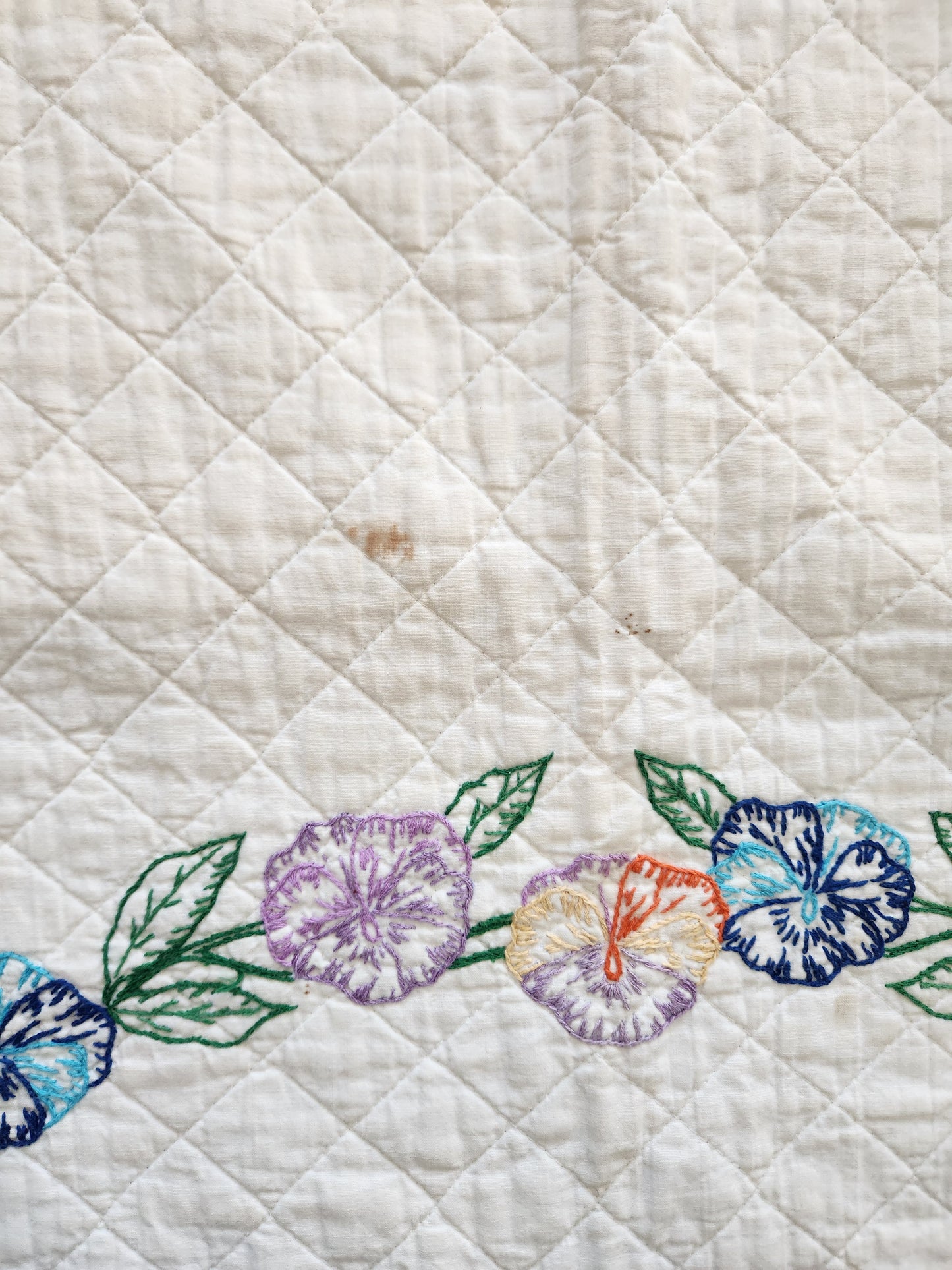 Vintage Pansy Embroidered Quilt c1940