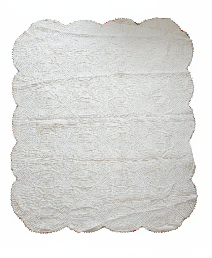 Vintage Double Wedding Ring Quilt with Prairie Points c1930