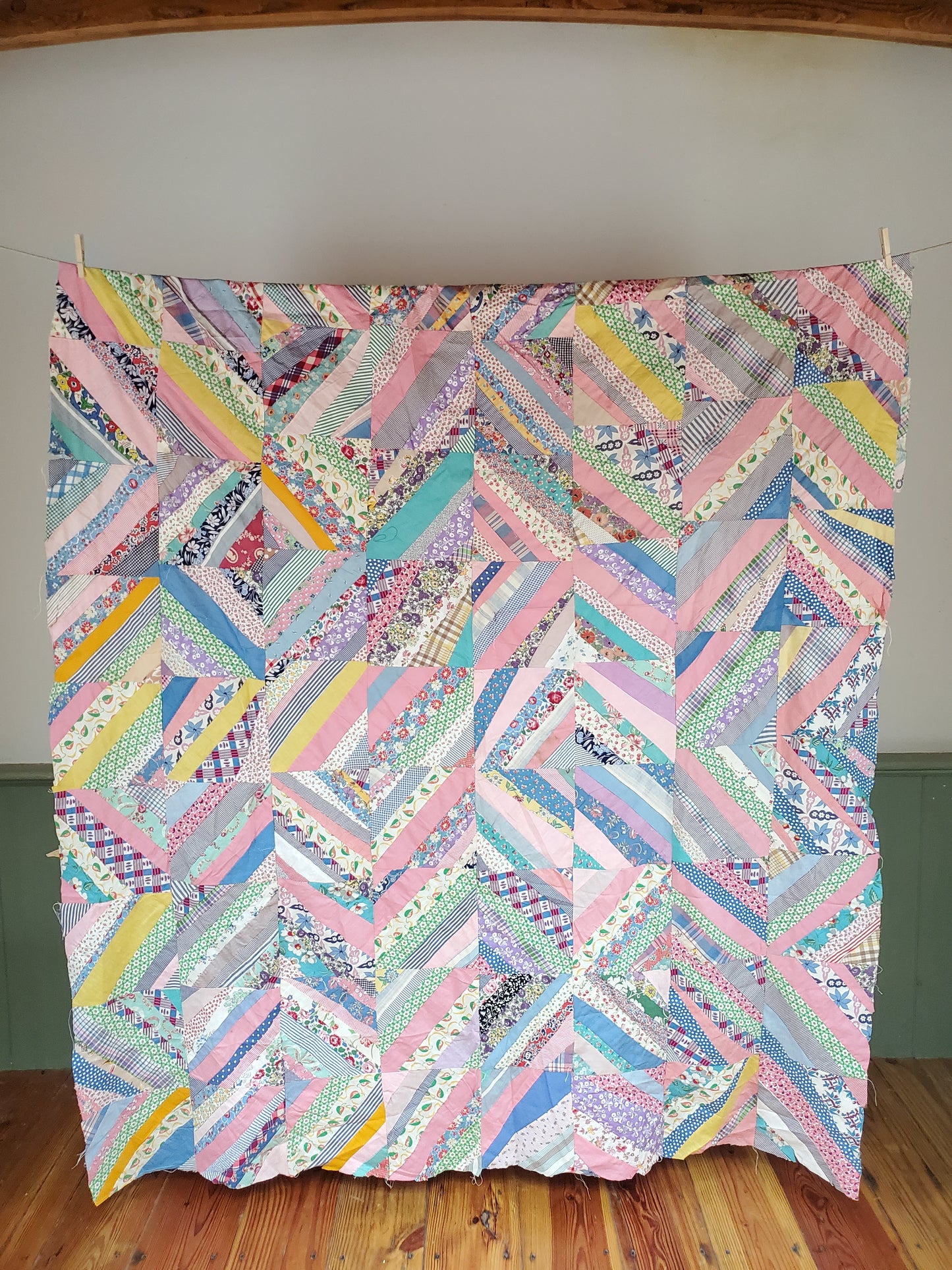 Vintage Paper Pieced Srappy String Quilt Top, ca 1950