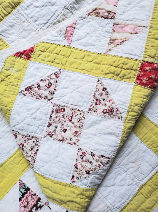 Chrome Yellow Sashed Antique Quilt, 19th Cent