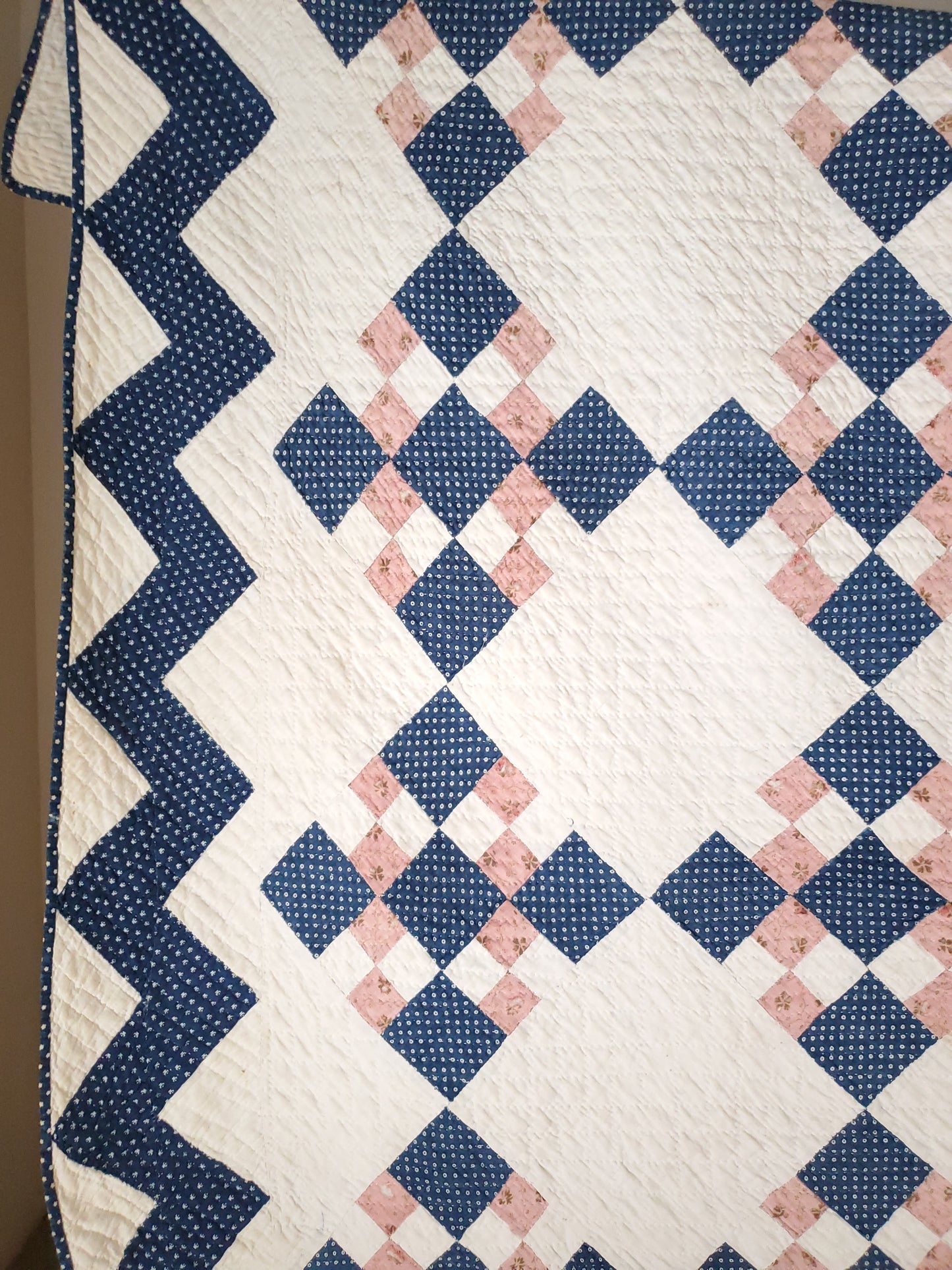 Gorgeous 19th Century Indigo & Pink Antique Quilt, Stamped Inscription