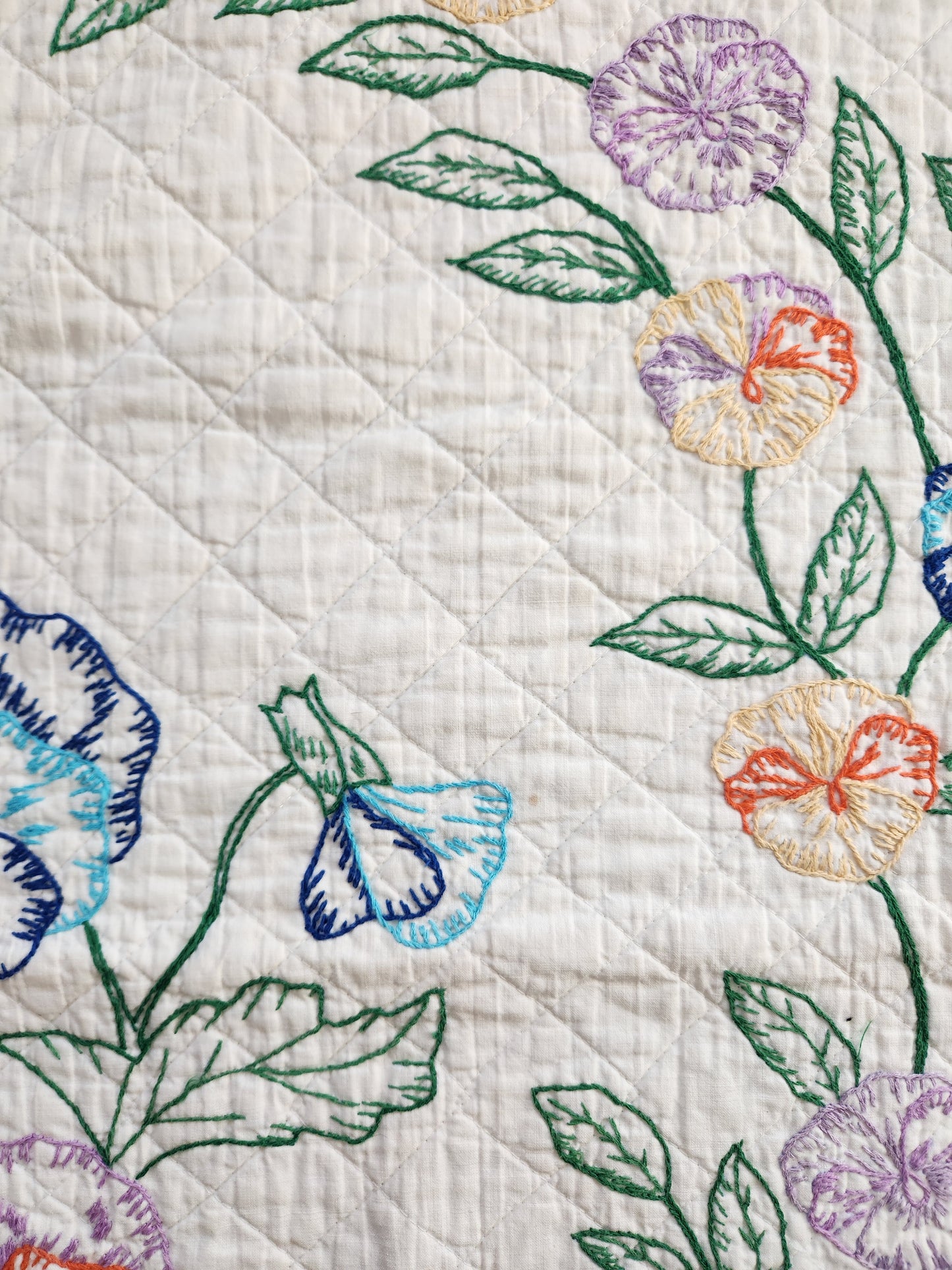 Vintage Pansy Embroidered Quilt c1940