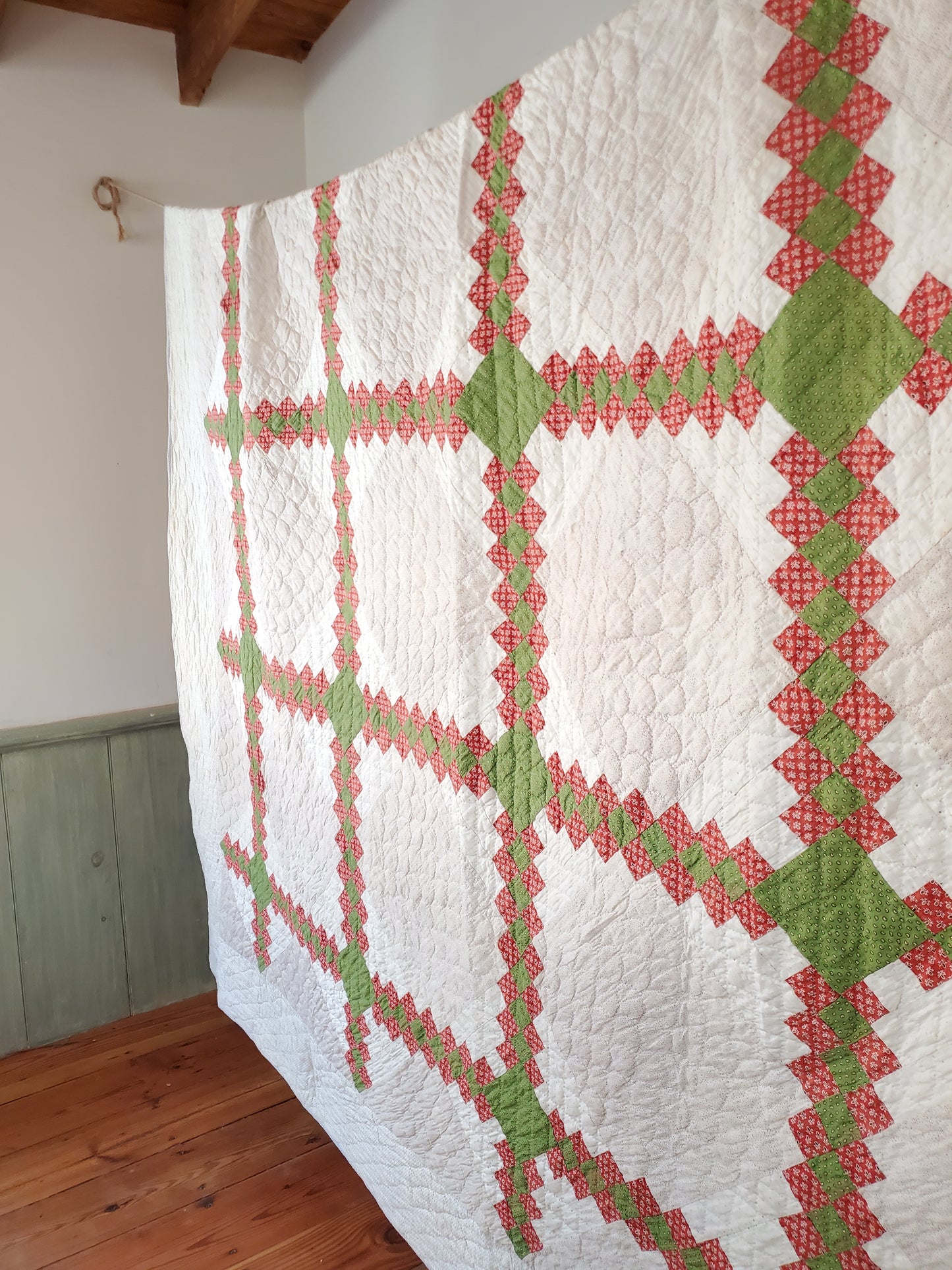 19th Century Red & Green Irish Chain Hand Pieced and Hand Quilted Antique Quilt