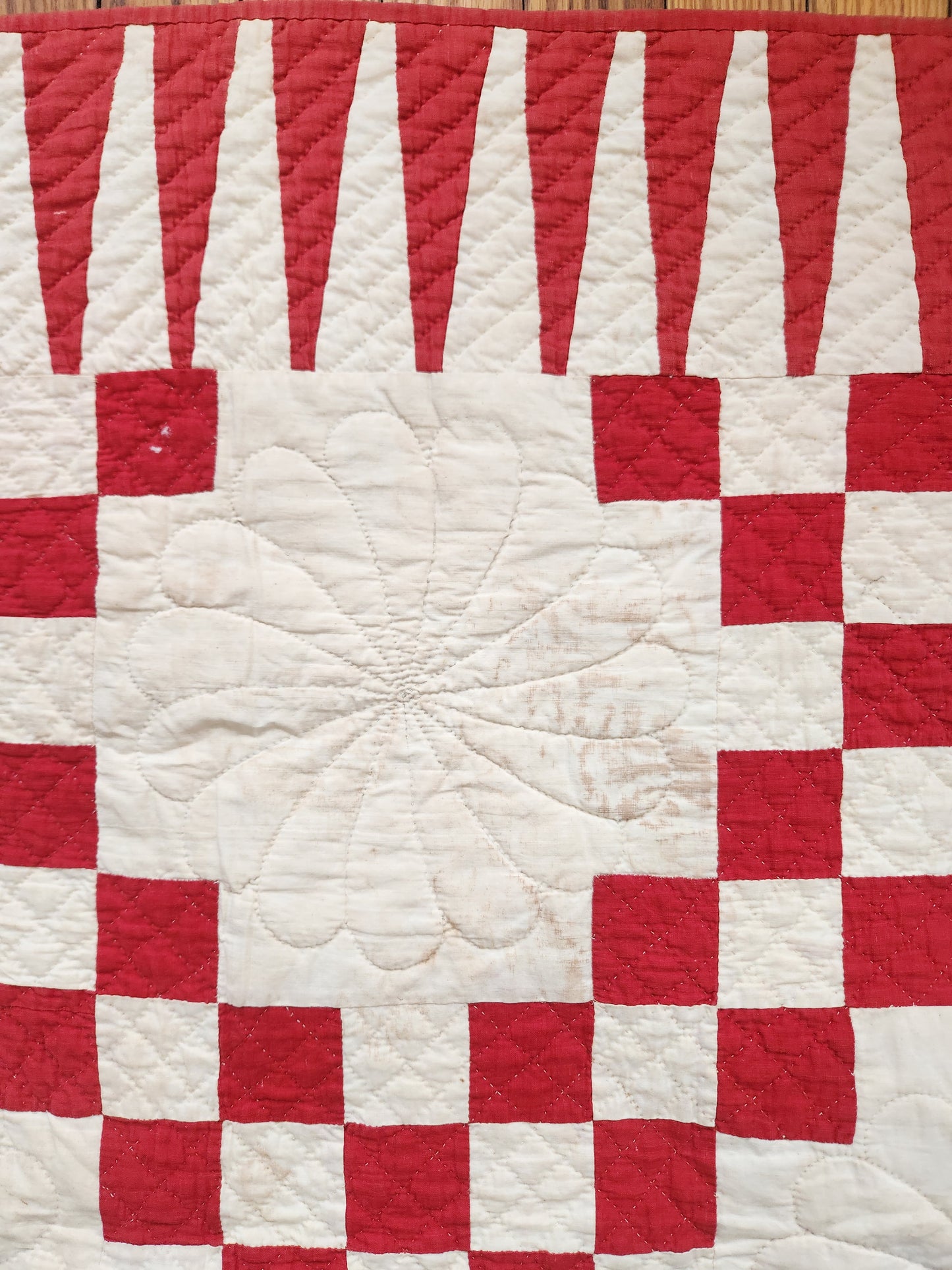 Red & White Antique Double Irish Chain Quilt c1900