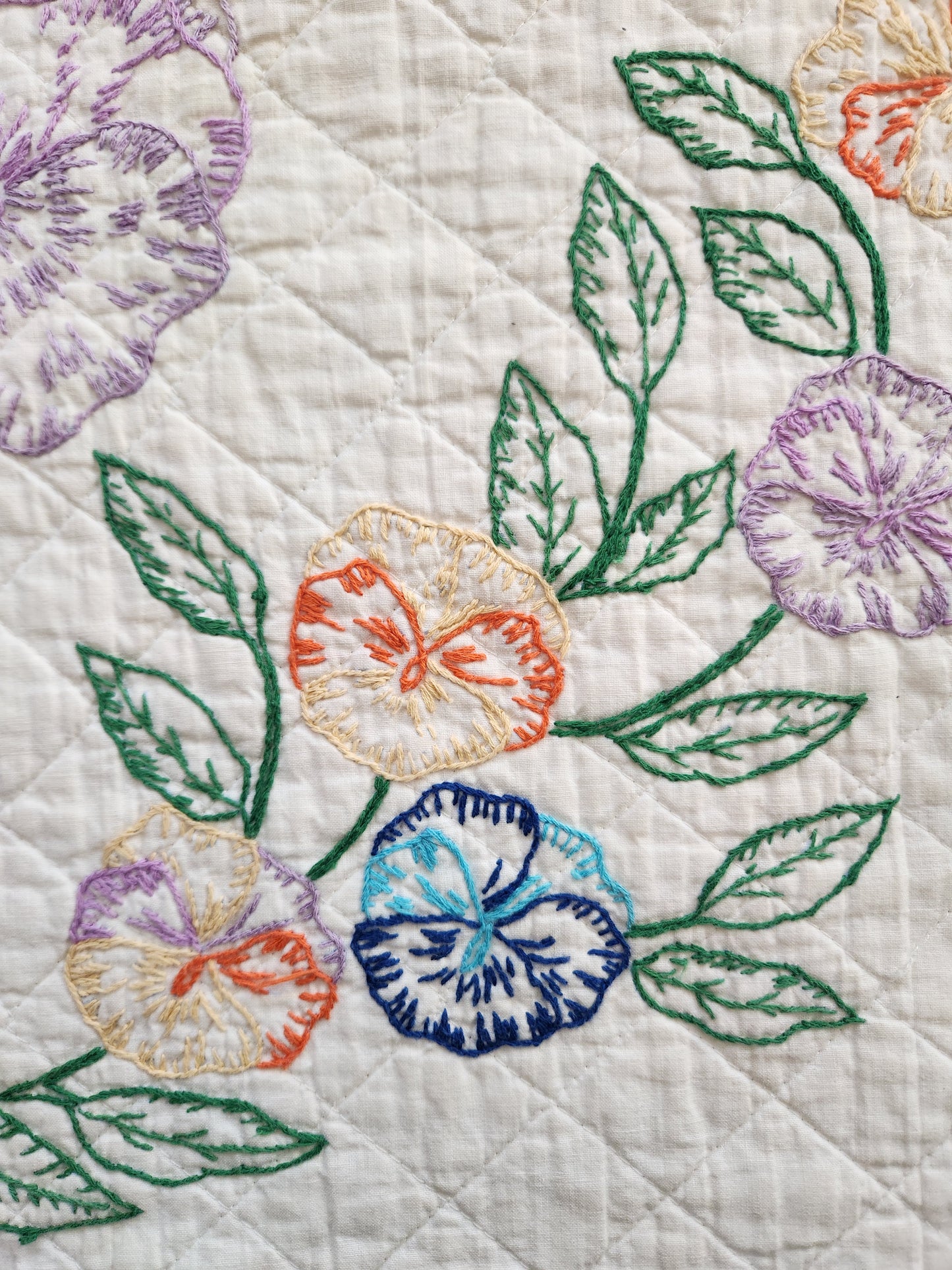 Vintage Pansy Embroidered Quilt c1940
