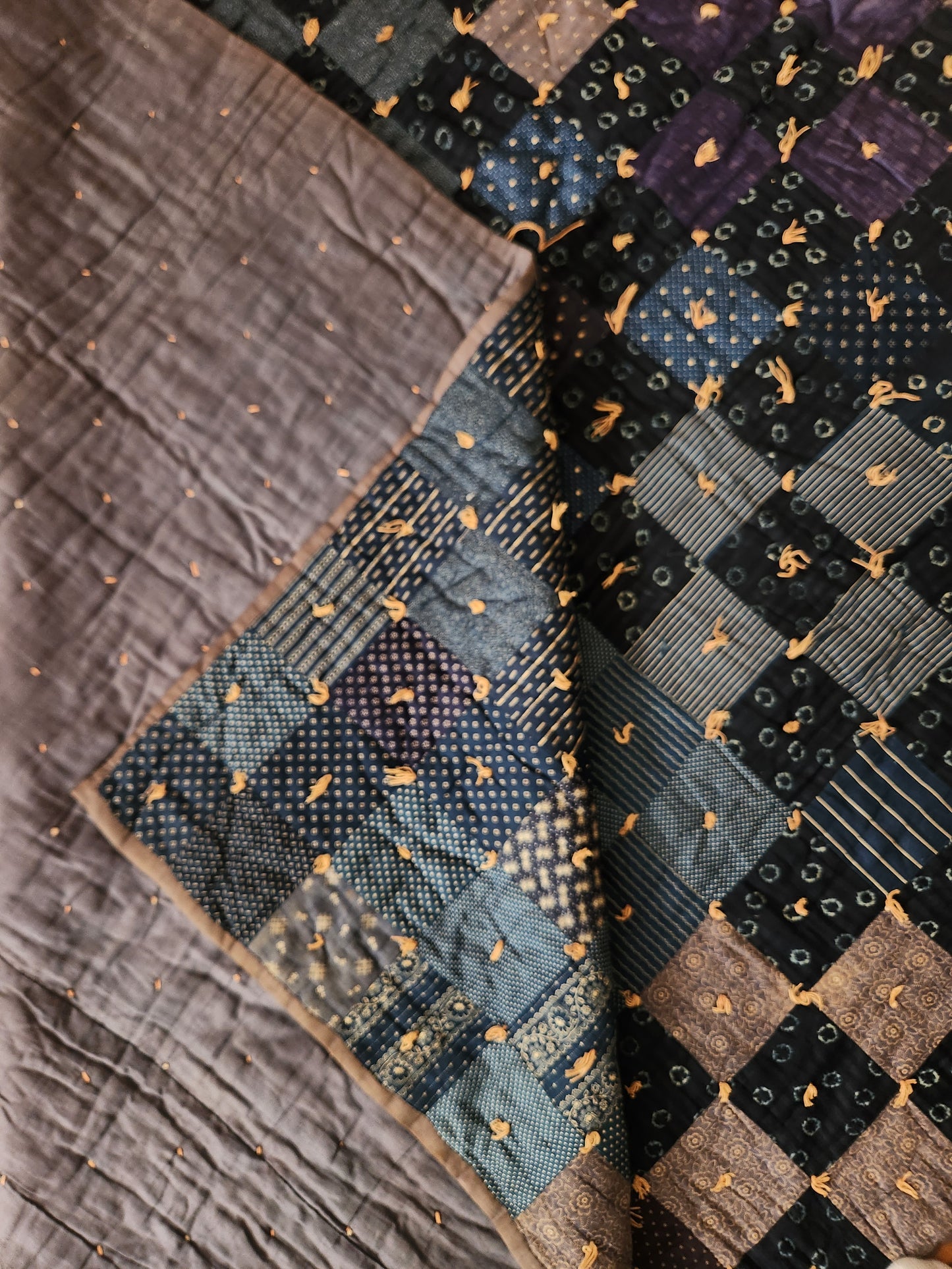 Antique Hand Tied Indigo Blue Patchwork Comforter Quilt