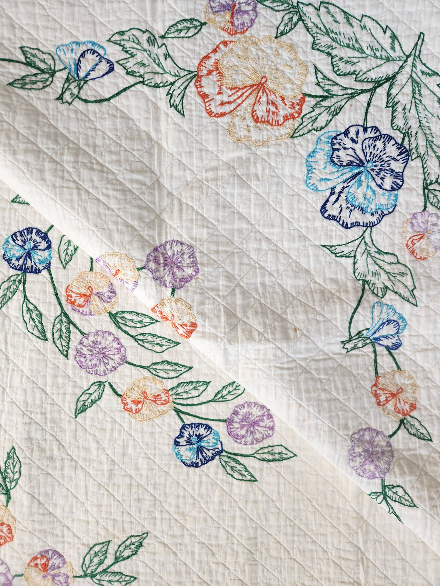Vintage Pansy Embroidered Quilt c1940