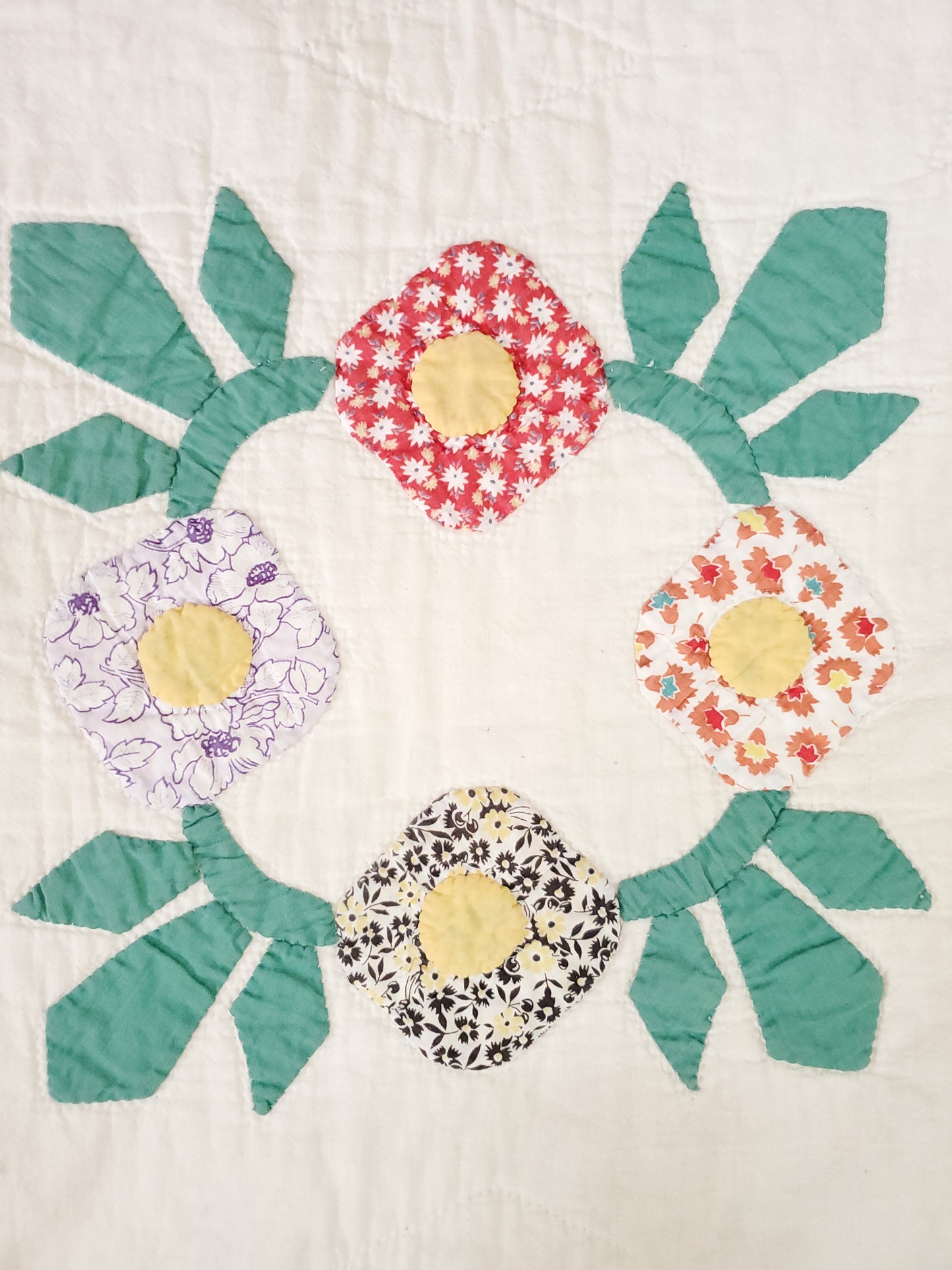 Feed Sack Wreath Applique Quilt, ca 1930