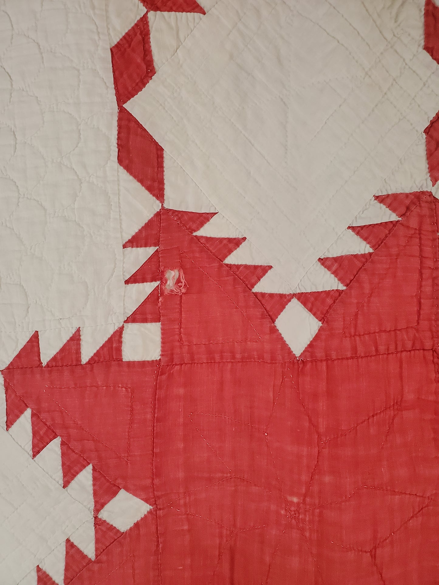 Turkey Red & White Feathered Star Antique Quilt, ca 1900