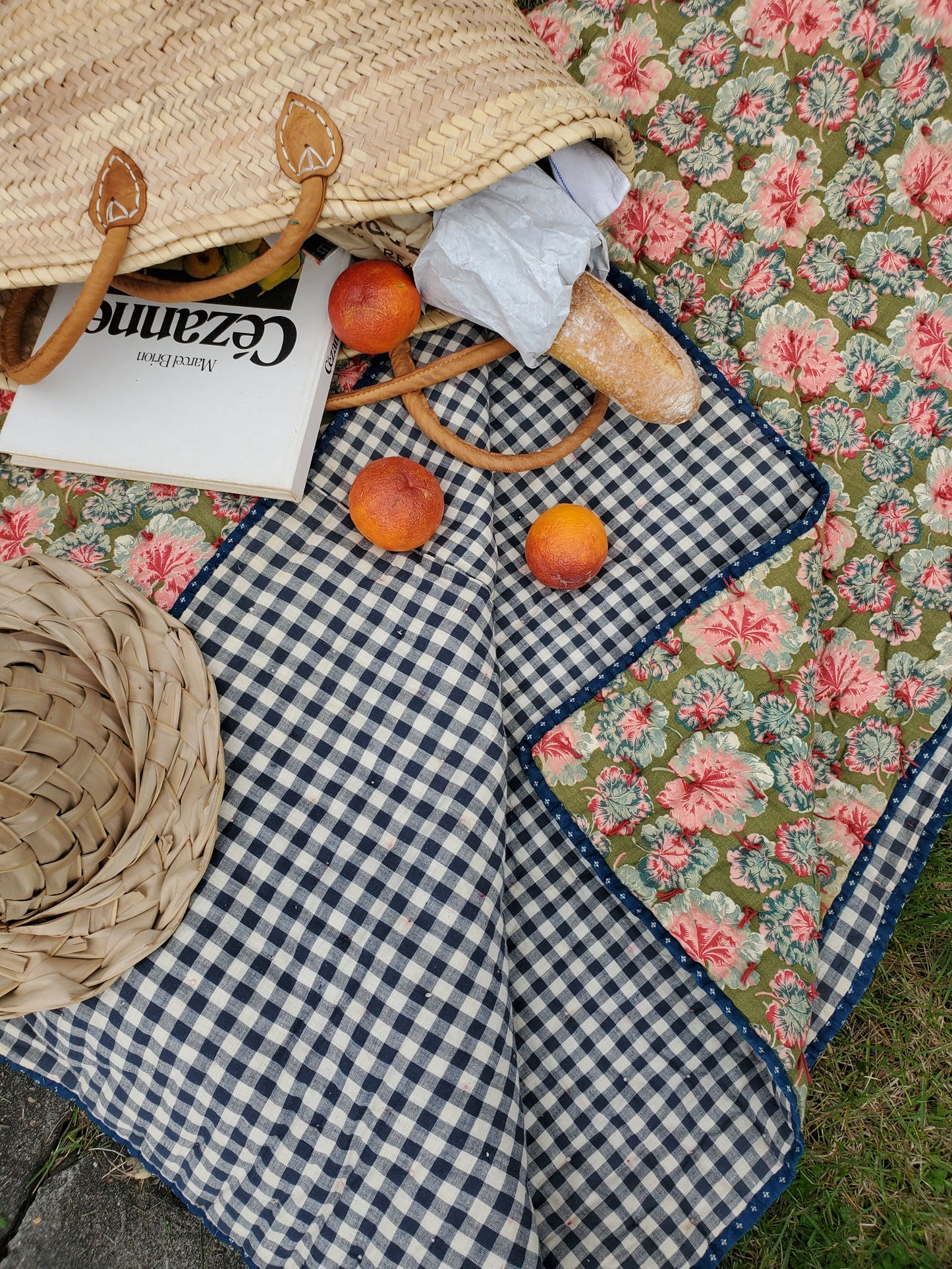 Antique Whole Cloth Geranium and Gingham Hand Tied Quilt