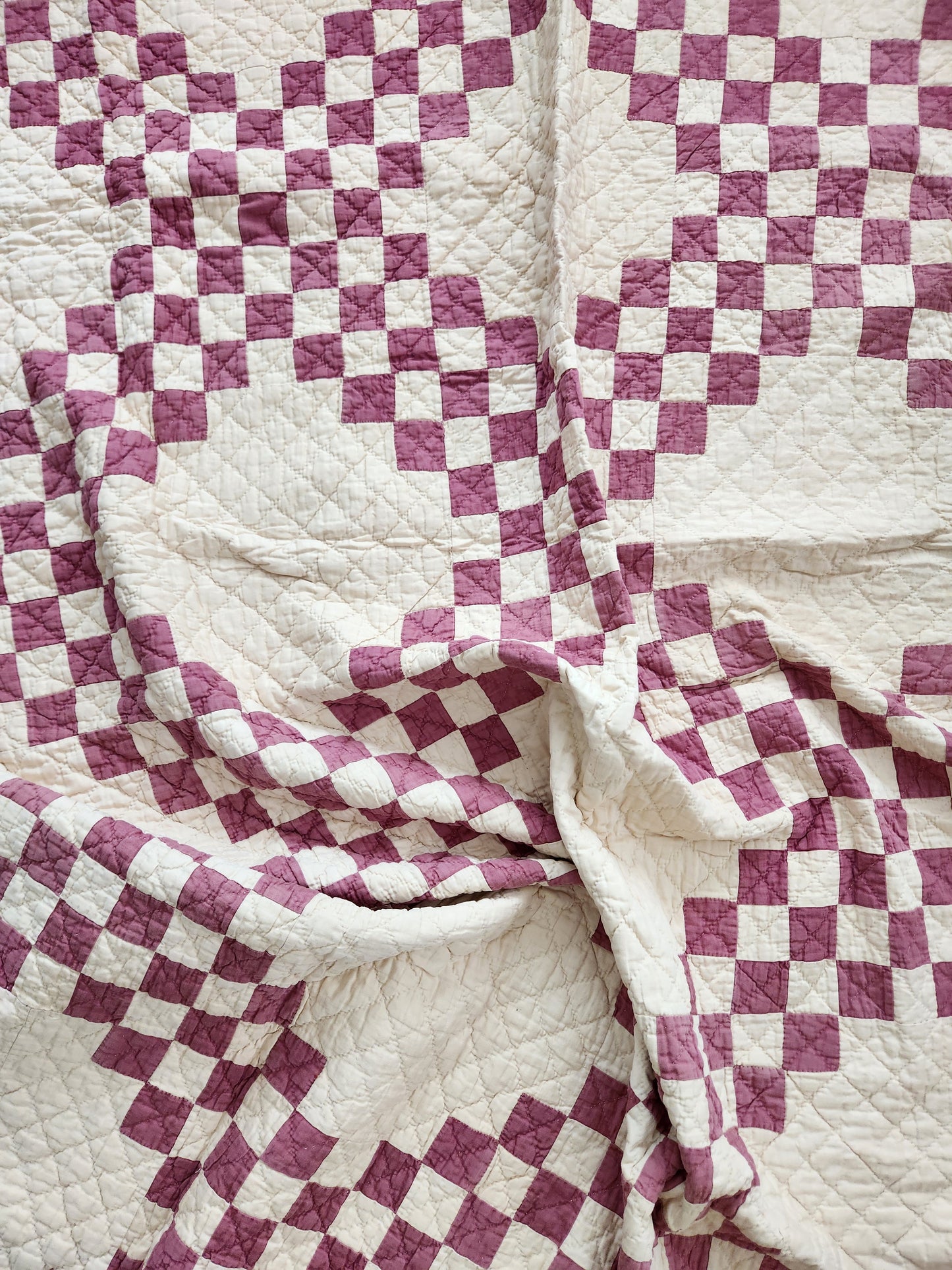 Cream & Burgundy Double Irish Chain Vintage Quilt
